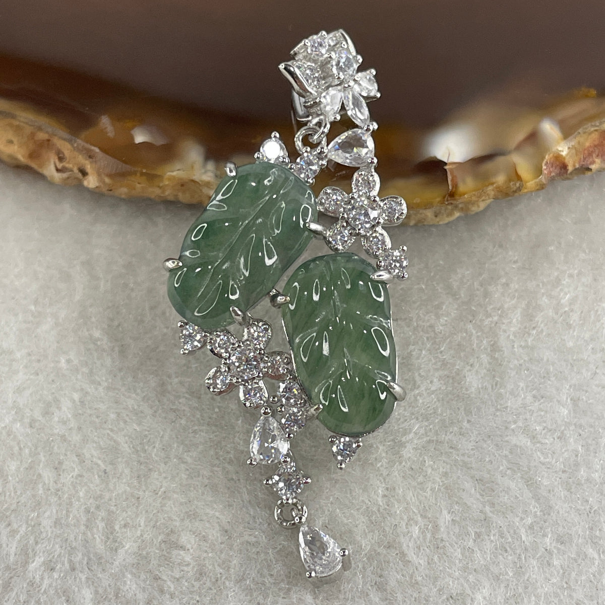 Natural Type A Icy Blueish Green Jadeite Double Leaf Pendant in S925 Silver |  (4.97g | 14.5 x 9.5 x 1.5mm | Double Growth & Executive Success Anchor, Feng Shui Prosperity & Harmony Pendant) - Huangs Jadeite and Jewelry Pte Ltd