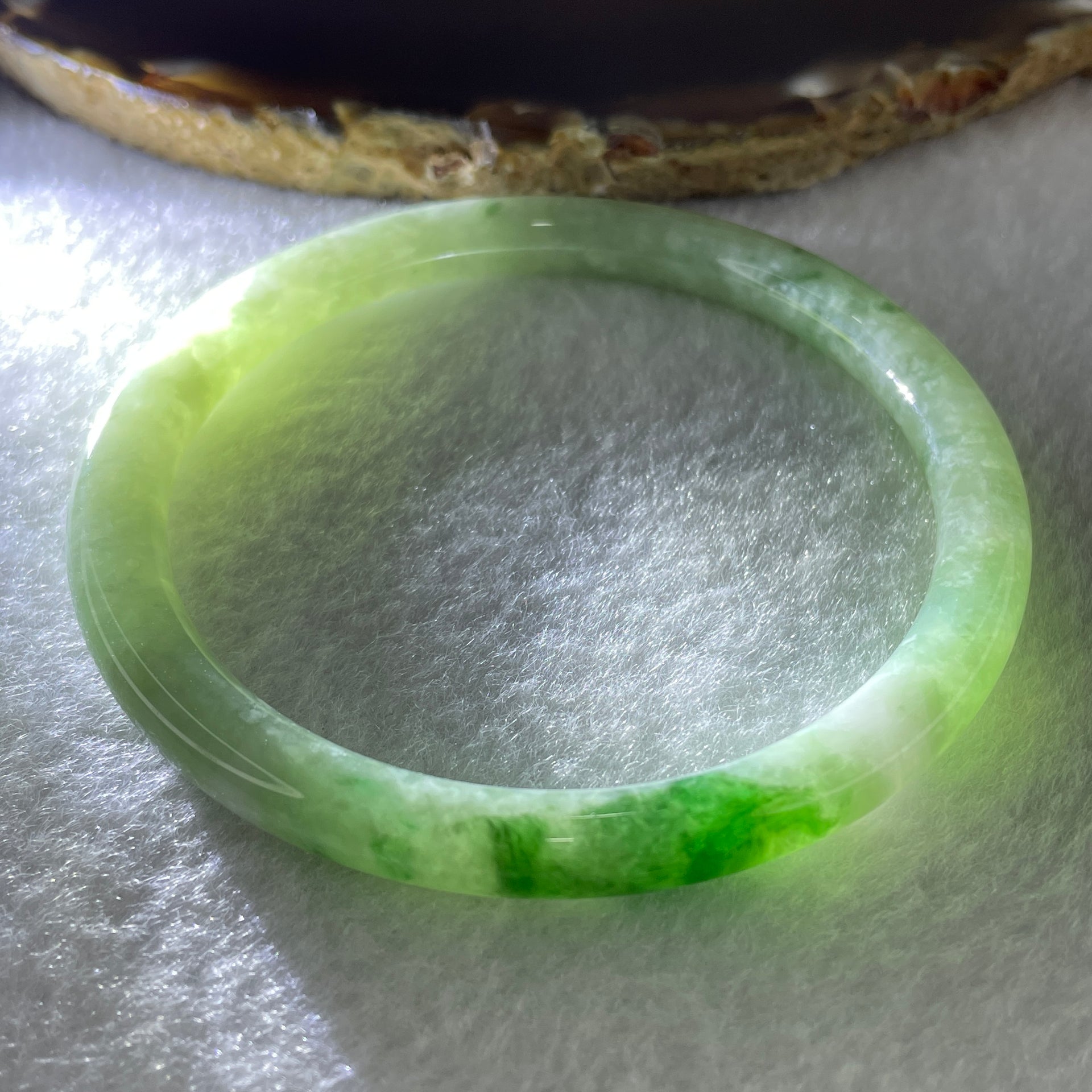 Certified Natural Type A Jelly Green with Old Mine Green Patches Jadeite Bangle 25.30g Internal Diameter 58.7mm 6.6 by 7.2mm (Close to Perfect) - Huangs Jadeite and Jewelry Pte Ltd