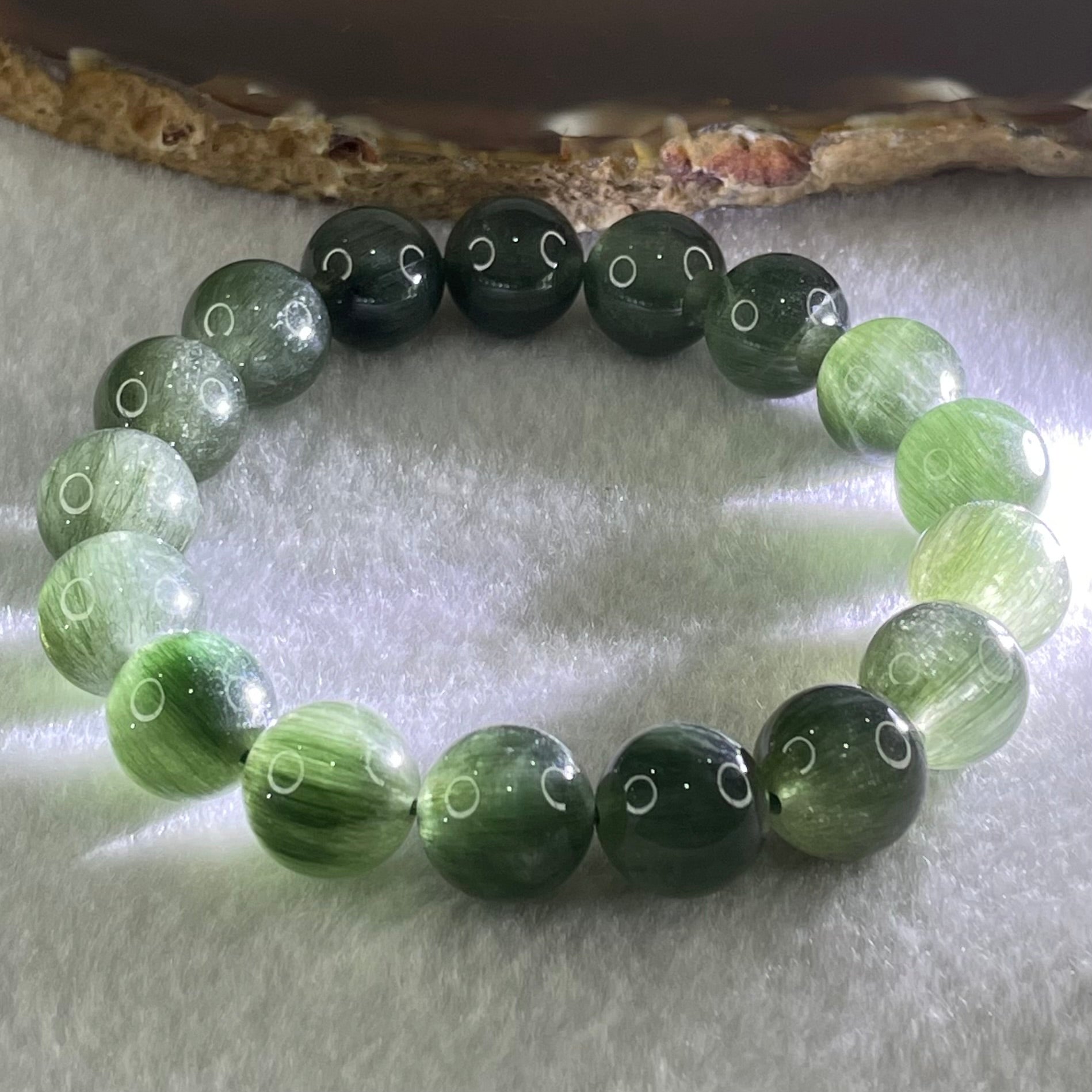 Good Grade Natural Cats Eye Green Rutilated Quartz Beads Bracelet 37.68g 17cm 11.7mm 17 Beads - Huangs Jadeite and Jewelry Pte Ltd