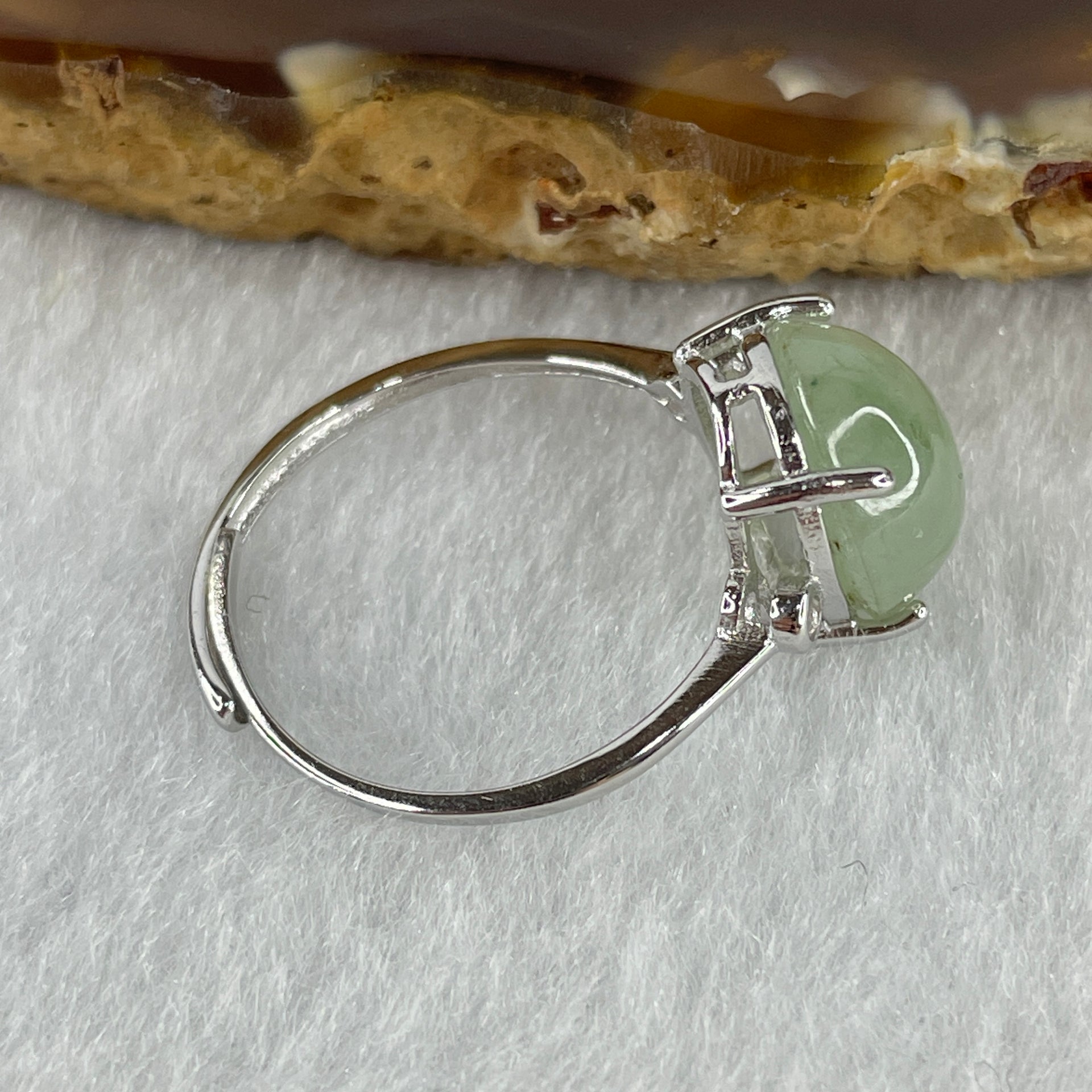 Natural Type A Semi Icy Faint Green Jadeite Oval Shape Cabouchon in S925 Silver Ring (Adjustable Size) 2.04g 11.0 by 9.4 by 5.5mm - Huangs Jadeite and Jewelry Pte Ltd