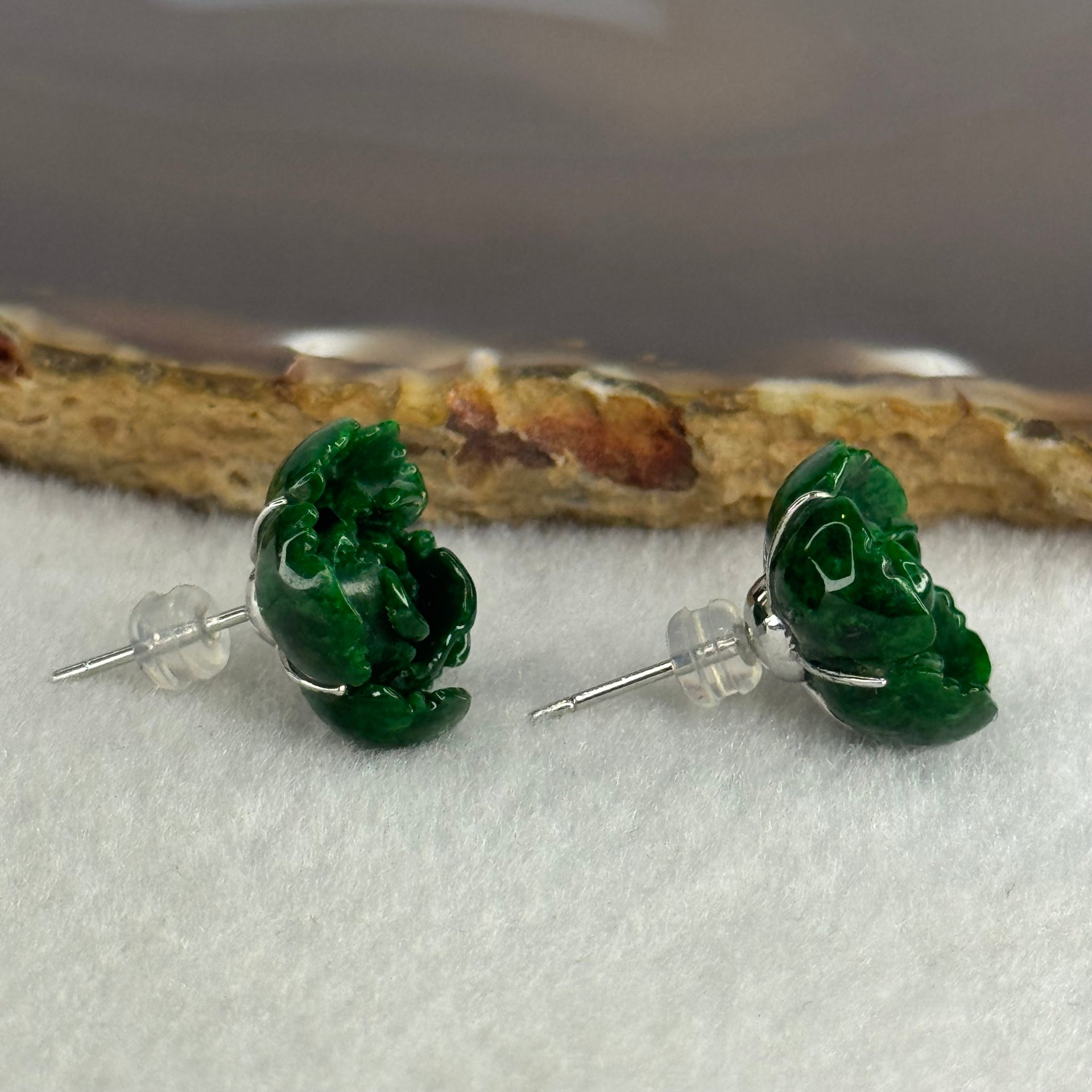 Type A Full Green Old Mine Jade Jadeite Rose 18k White Gold Earrings 6.6g 17.5 by 16.1 by 7.9mm - Huangs Jadeite and Jewelry Pte Ltd