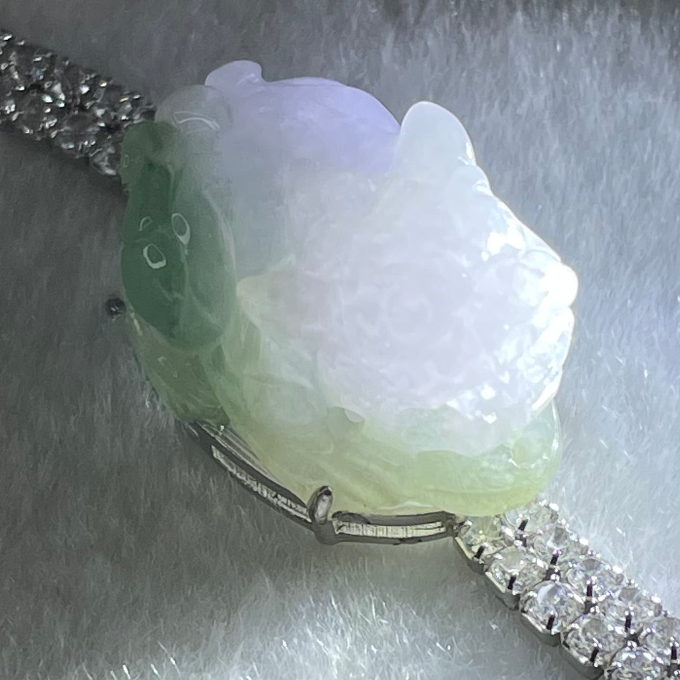 Type A Lavender and Blueish Green Jadeite Male Pixiu in S925 Sliver with Crystals Bracelet 14.06g 22.2 by 15.5 by 13.0mm - Huangs Jadeite and Jewelry Pte Ltd
