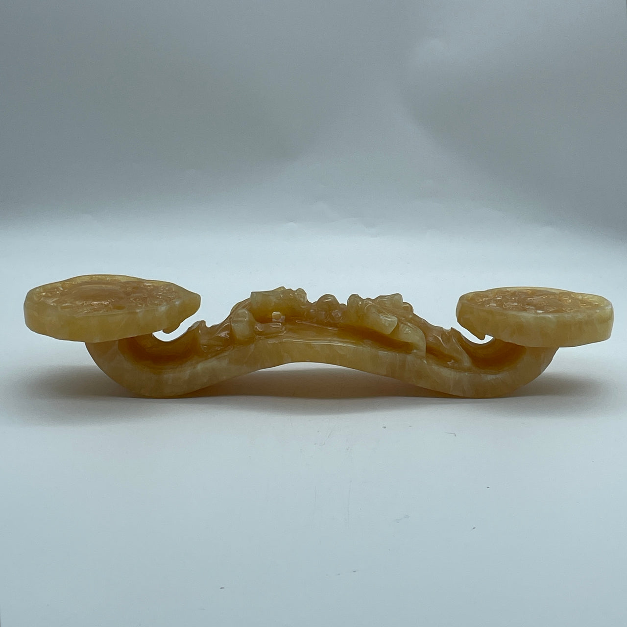 Natural Golden Yellow Calcite Masterwork Carving | Over 1.1kg Structural Crystal | Sacred Ruyi Scepter with Pixiu Twin Guardians, Flying Bats & Longevity Peach | Imperial Wealth, Sovereignty & Health Feng Shui Statuette (1,137.7g, 325.0x80.0x60.0mm)