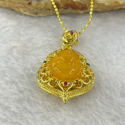 Natural Butterscotch Amber Milo Buddha with Crystals in Gold Color Necklace 5.64g 12.2 by 11.8 by 3.2mm - Huangs Jadeite and Jewelry Pte Ltd