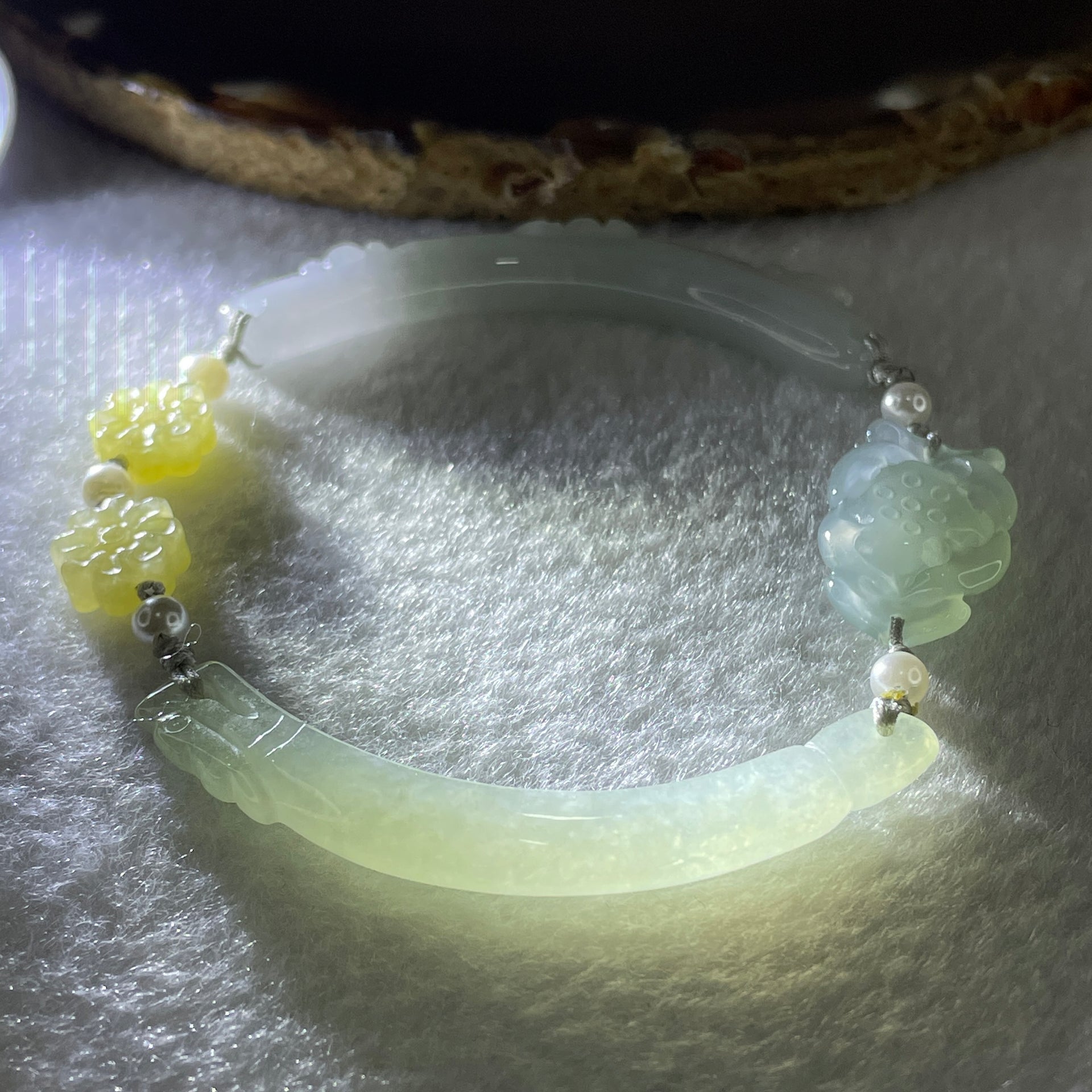 Natural Type A Semi Icy Light Green with Light Lavender Jadeite Flower Bracelet 16.97g 18cm 5.9 by 9.1mm - 22.6 by 14.1 by 5.5mm - Huangs Jadeite and Jewelry Pte Ltd