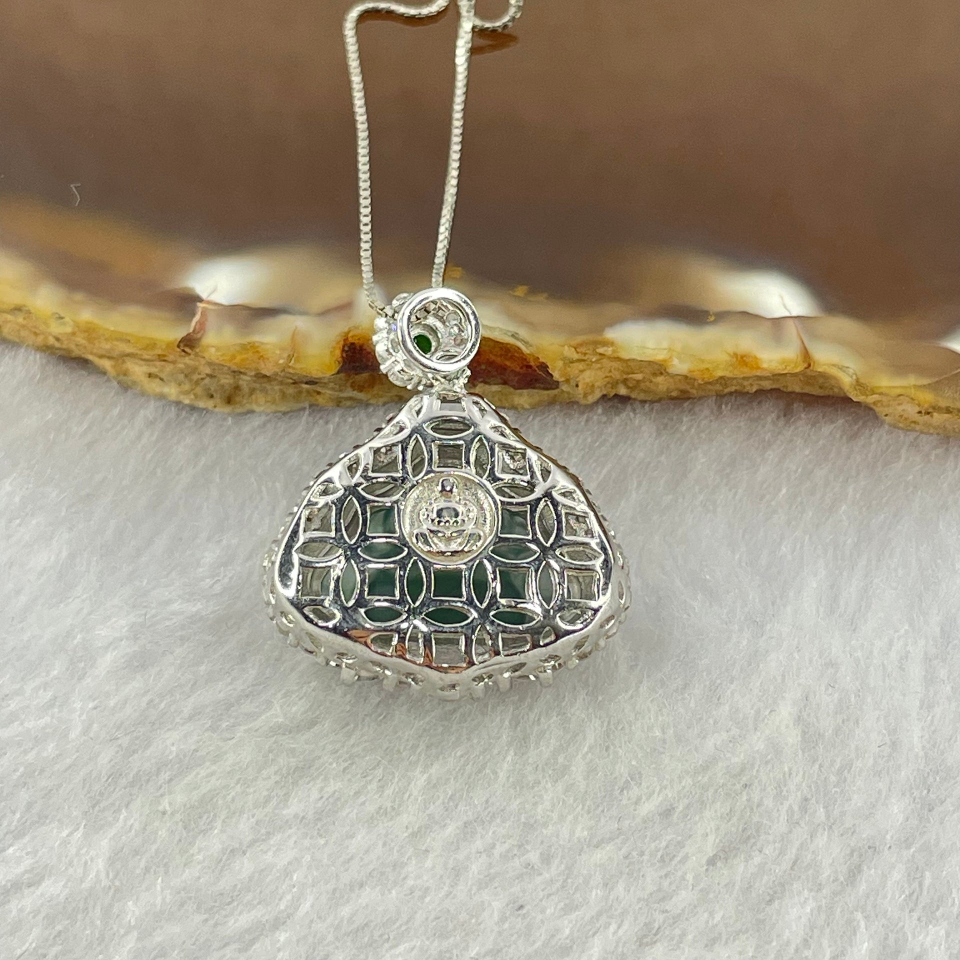 Type A Icy Blueish Green Jadeite Milo Buddha Pendent with Crystals in S925 Sliver Setting and Chain 3.39g 12.8 by 16.0 by 3.0mm - Huangs Jadeite and Jewelry Pte Ltd