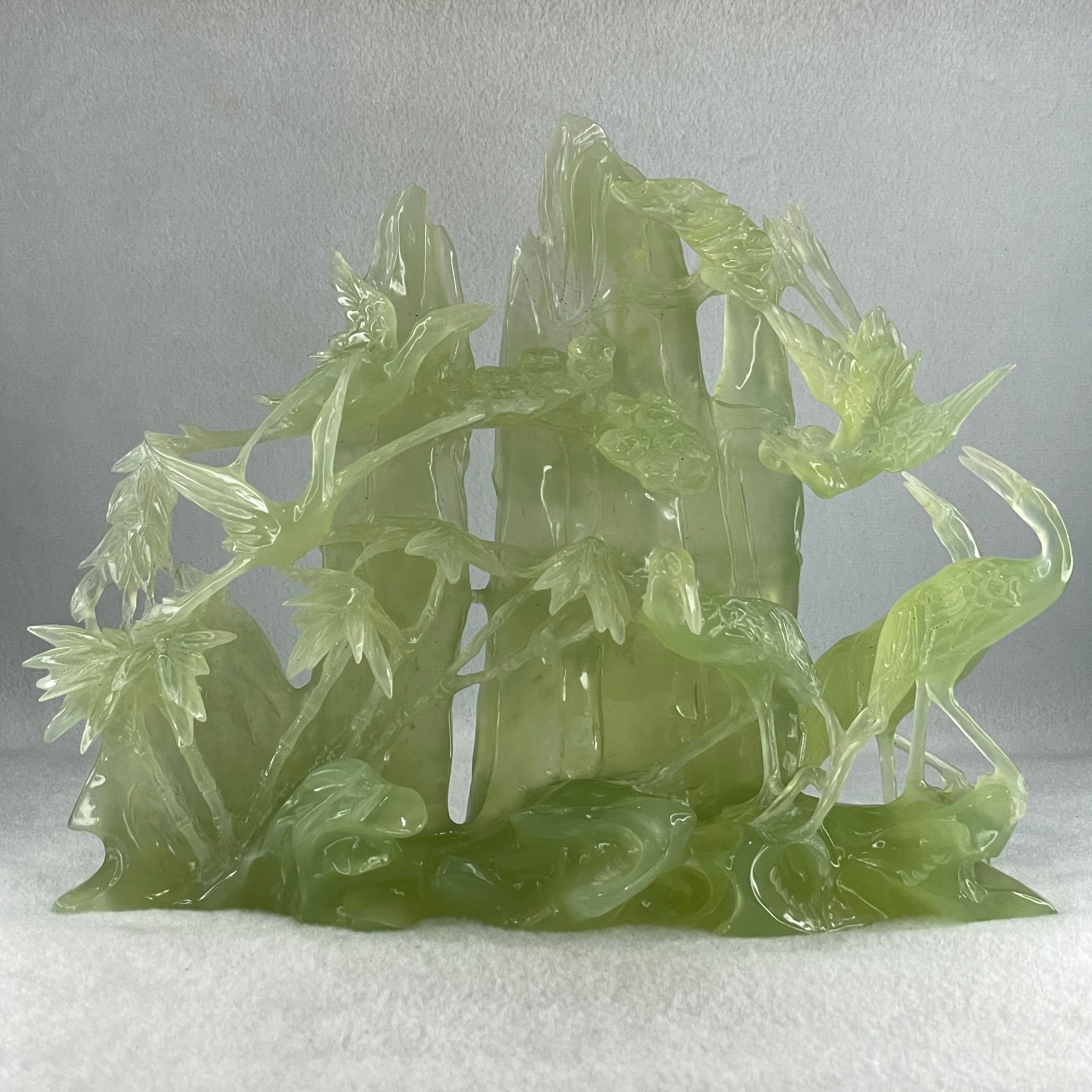 Natural Icy Green Serpentine 6 Cranes with Bamboo Shoots on Shan Shui with White Stone Stand Display 3,171.9g 270.0 by 102.0 by 236.0mm - Huangs Jadeite and Jewelry Pte Ltd