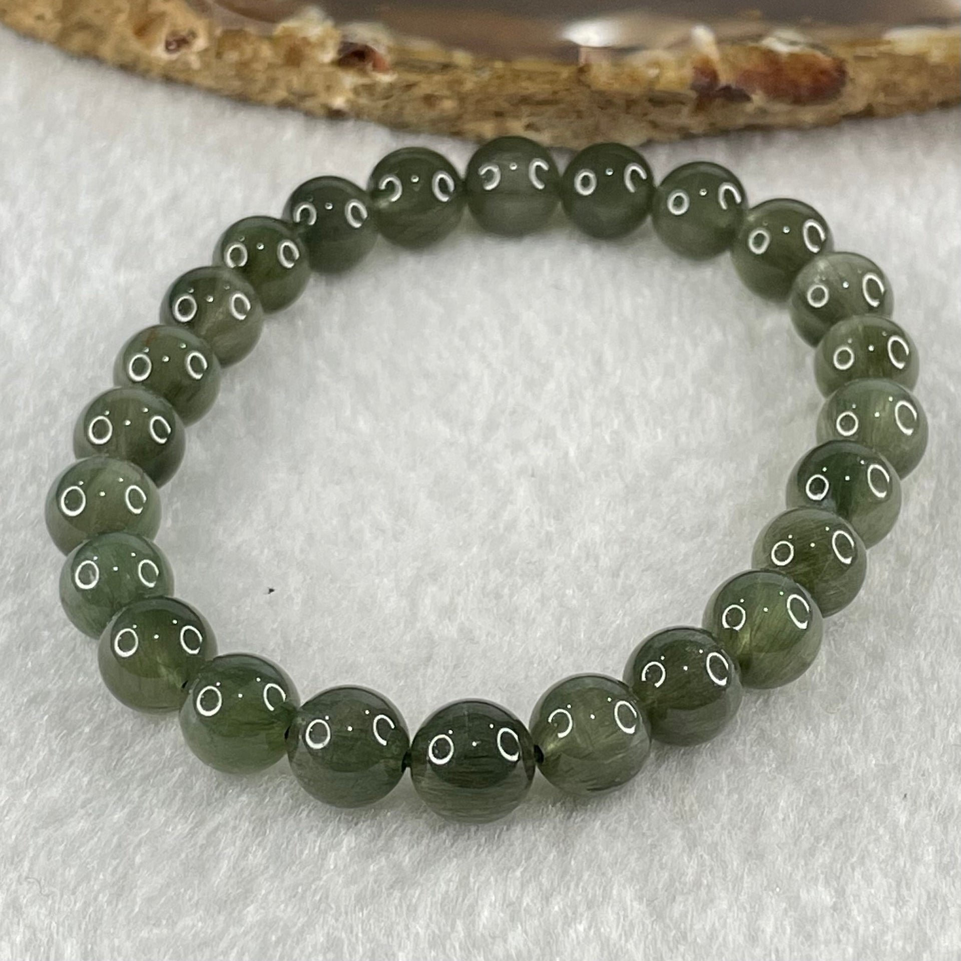 Good Grade Natural Cats Eye Green Rutilated Quartz Beads Bracelet 15.06g 15.5cm 7.8mm 24 Beads - Huangs Jadeite and Jewelry Pte Ltd