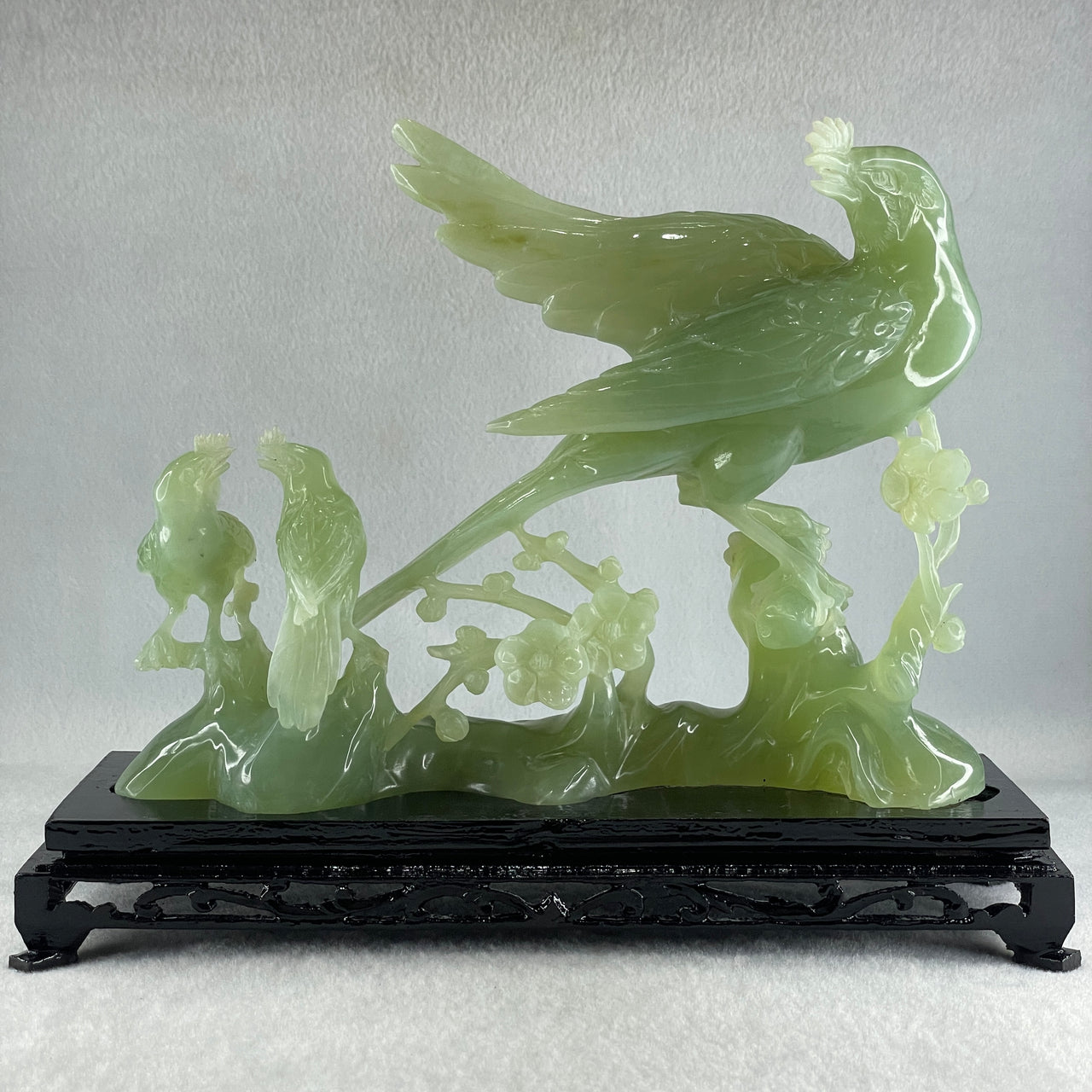 Natural Green Serpentine Phoenix with Twin Birds on Tree with Wooden Stand Display 1,158.3g L257.0 by B98.0 by H203.0mm - Huangs Jadeite and Jewelry Pte Ltd