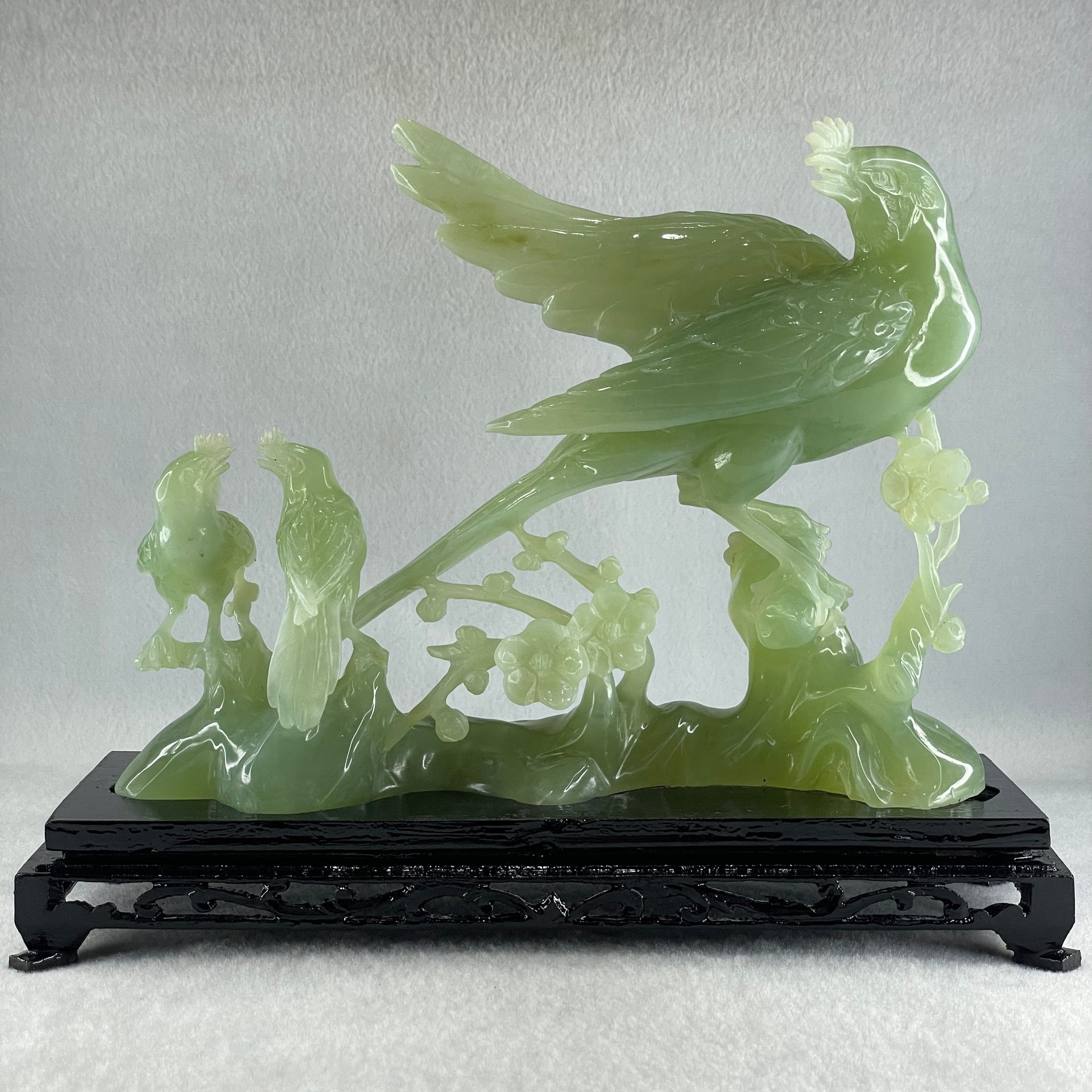 Natural Green Serpentine Phoenix with Twin Birds on Tree with Wooden Stand Display 1,158.3g L257.0 by B98.0 by H203.0mm - Huangs Jadeite and Jewelry Pte Ltd