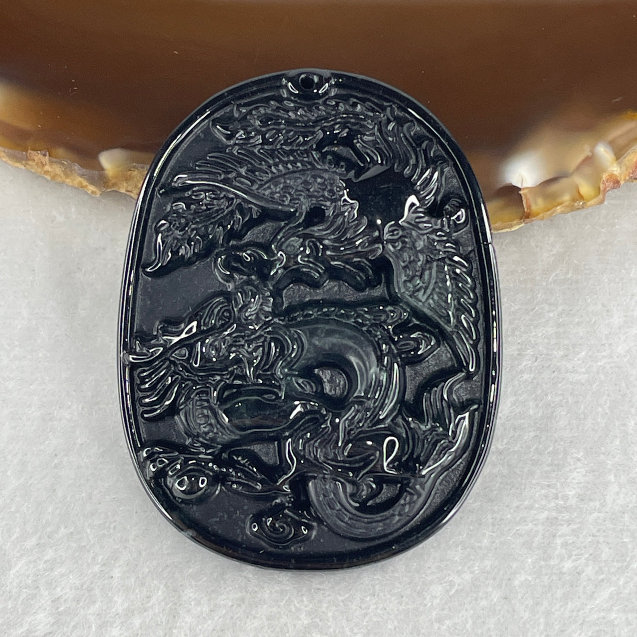 Certified Natural Type A Black Omphacite Jadeite Dragon with Phoenix Pendant 21.15g 49.9 by 38.1 by 8.0mm