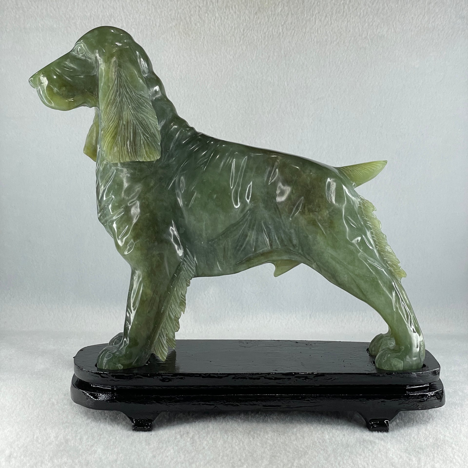Natural Green with Yellow Serpentine Male Dog with Wooden Stand Feng Shui Display 1,780.3g 220.0 by 82.0 by 220.0mm - Huangs Jadeite and Jewelry Pte Ltd