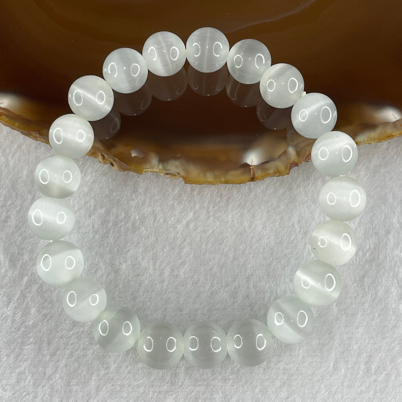 White Cat's Eye Glass Beads Bracelet 26.52g 16.5cm 10.1mm 21 Beads
