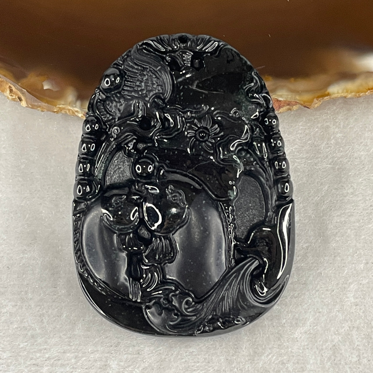 Wealth, Abundance and Good Luck - Certified Natural Type A Black Omphacite Jadeite Twins Fish with Crane and Lotus Leaf Pendant 25.62g 51.7 by 38.1 by 8.4mm