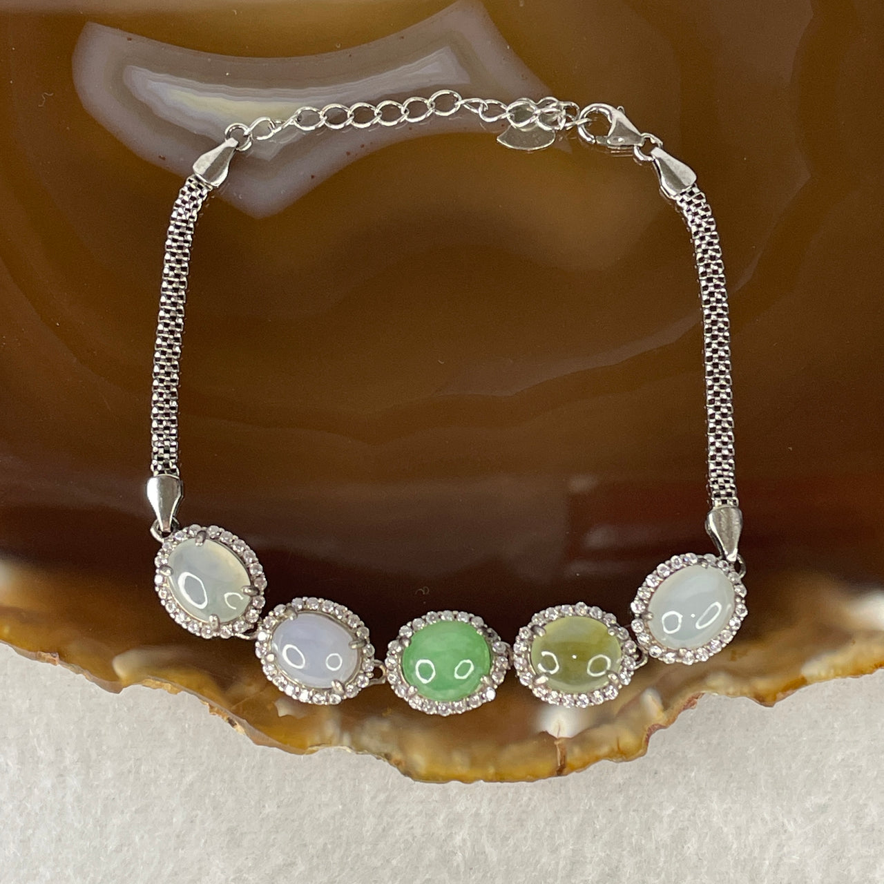 Natural Type A Multicolor Jadeite 5-Stone Bracelet | S925 Sterling Silver Adjustable 13-16cm White, Yellow, Green, Lavender & Colorless Luxury Cabochon Strand (7.53g 8.8x7.0x5.0mm 5pcs)