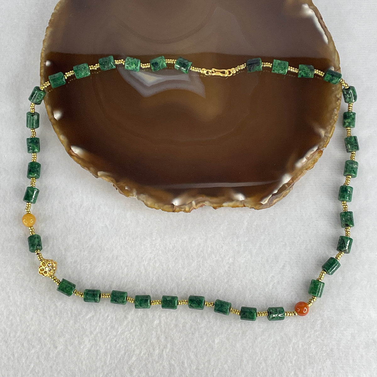 Certified Natural Type A Old Mine Spicy Green with Red Jadeite Lulutong Beads Necklace | S925 Gold-Tone Accents (33.30g | 35 Lulutong | 50cm | Wealth & Career Momentum) (External Rough)