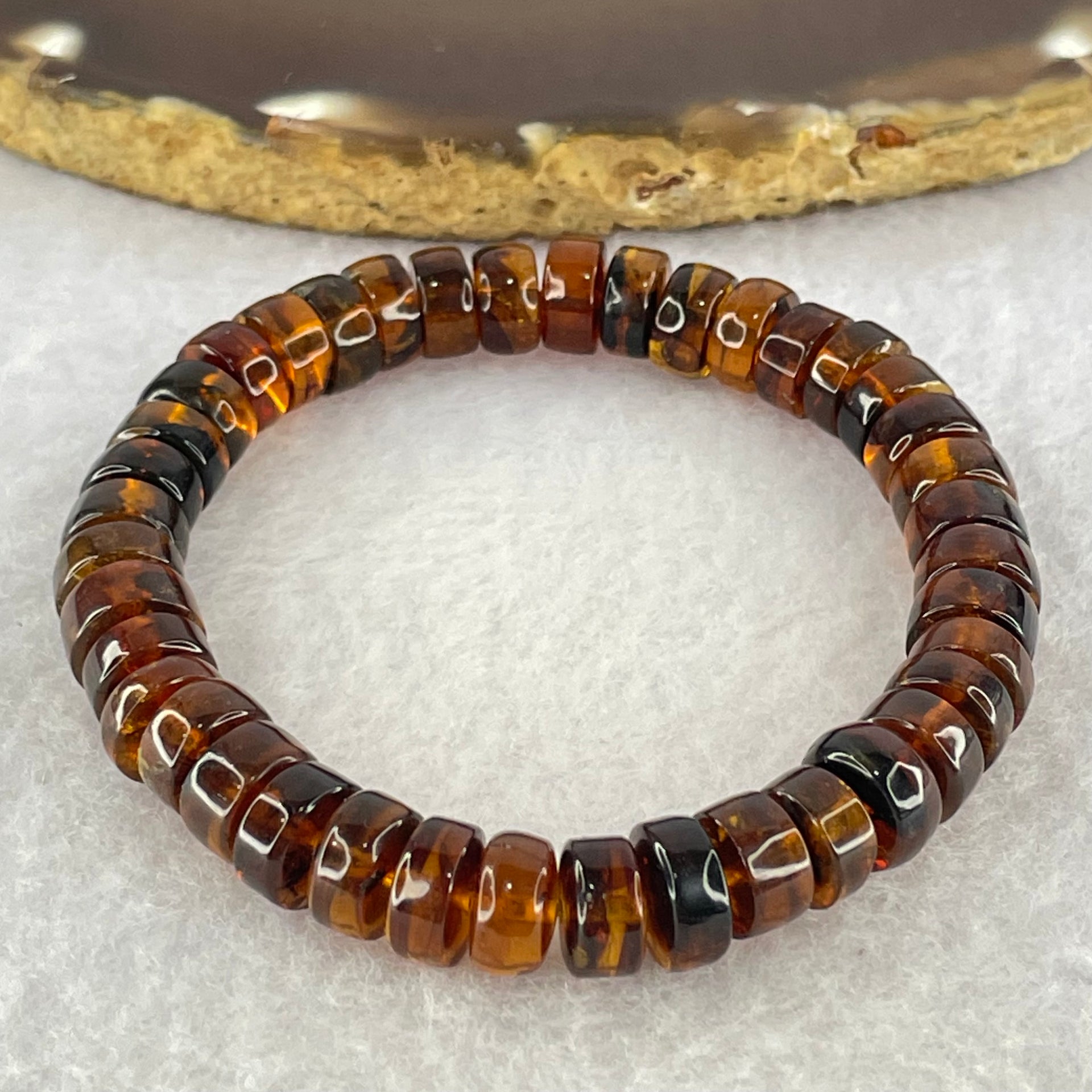 Natural Cognac Fushun Amber Donut Beads Bracelet 天然抚顺老珀手链 8.63g 15cm 8.9mm 40pcs - Huangs Jadeite and Jewelry Pte Ltd