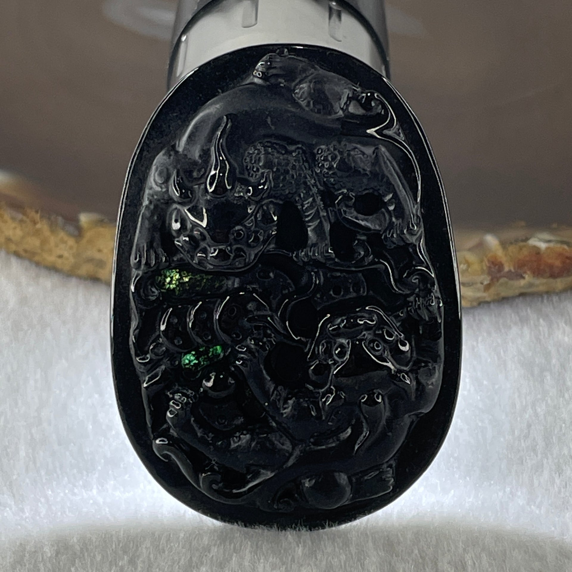 Type A Opaque to Partial Translucent Black Omphacite Jadeite Pixiu Pair with Coins Pendant 19.06g 53.4 by 38.5 by 7.6mm - Huangs Jadeite and Jewelry Pte Ltd
