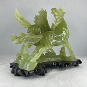 Natural Yellowish Green Serpentine 3 Victory Horse with Wooden Stand Display 1,929.3g 198.0 r we by 166.0 by 200.0mm - Huangs Jadeite and Jewelry Pte Ltd