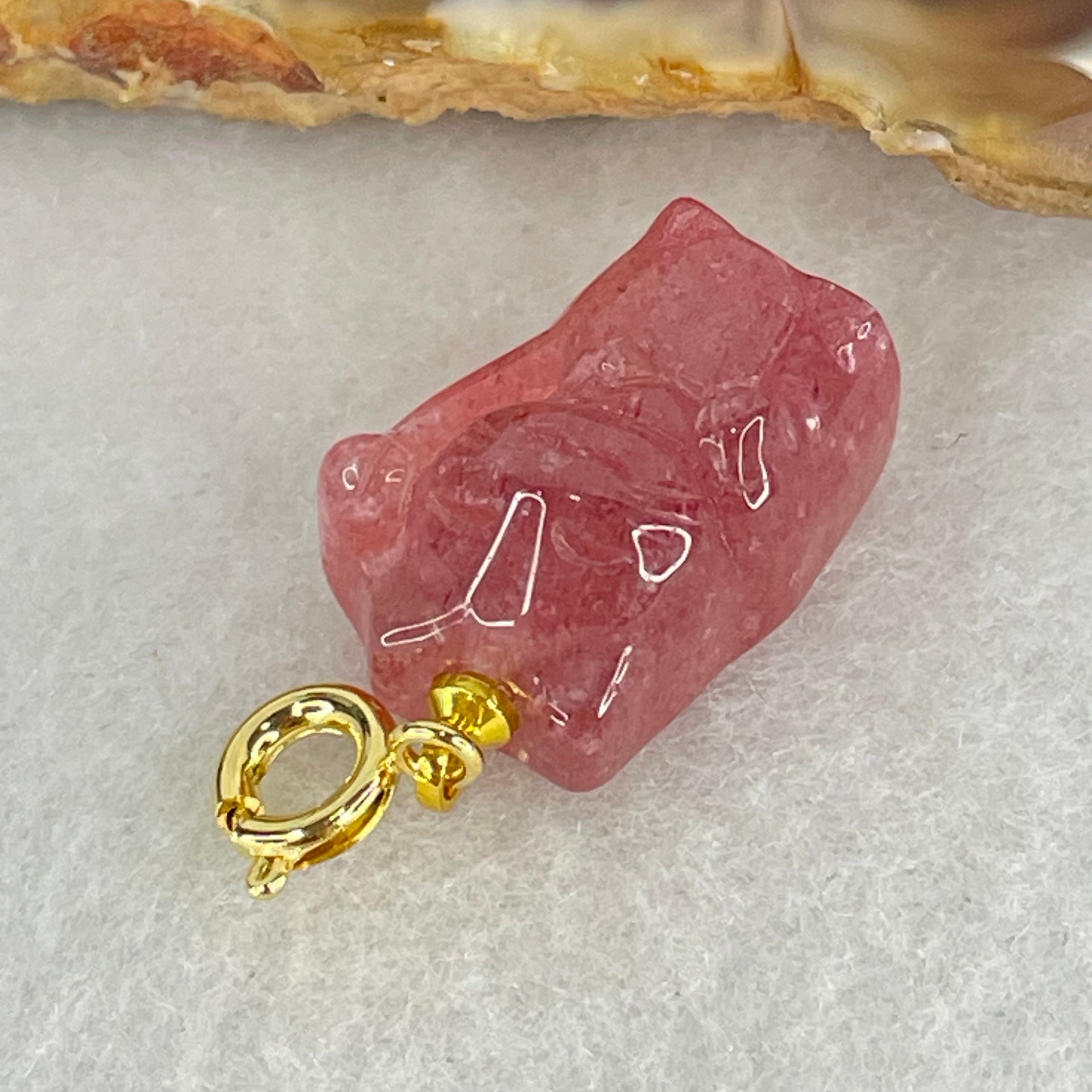 Natural Strawberry Quartz Fortune Cat Charm 3.67g 17.6 by 12.2 by 9.6mm - Huangs Jadeite and Jewelry Pte Ltd