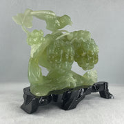 Natural Green Serpentine Magpie Bird with Cricket on Grape with Wooden Stand Display 1,042.7g L195.0 by B105.0 by H180.0 mm - Huangs Jadeite and Jewelry Pte Ltd