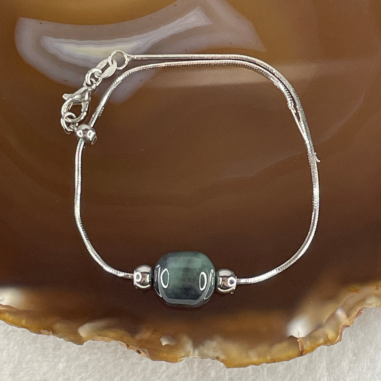 Natural Type Green with Wuji Grey Jadeite Lulutong in S925 Sliver Bracelet 5.24g 20cm 11.5 by 10.8mm