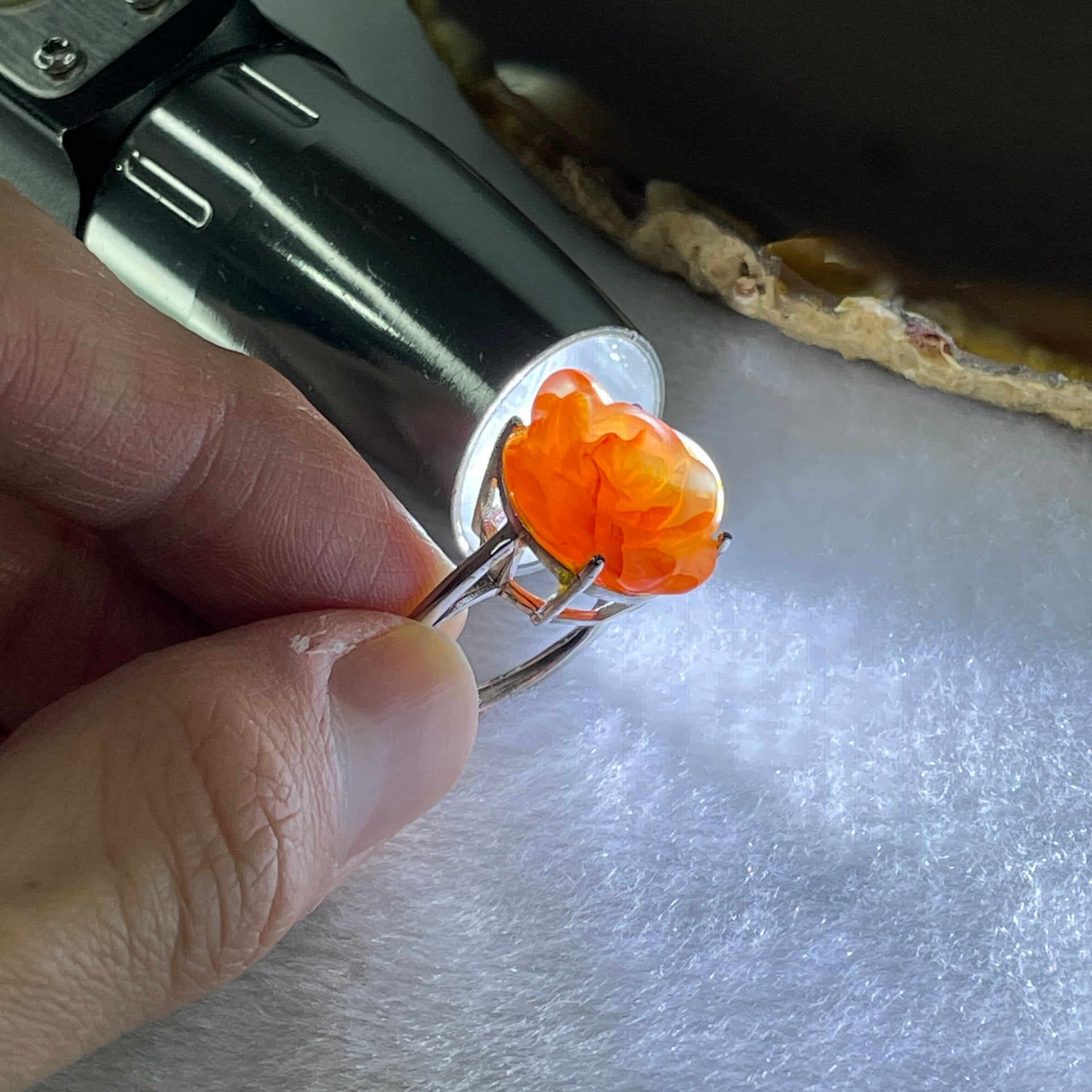 Natural Pink Agate Flower Ring in S925 Sliver 4.98g 16.7 by 15.4 by 8.5mm (Adjustable Size) - Huangs Jadeite and Jewelry Pte Ltd