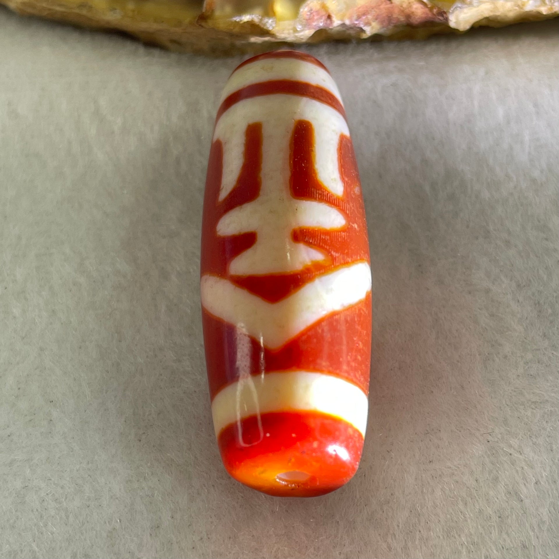 Natural Powerful Tibetan Old Oily Red White Agate One Eye Gold Metal Element Dzi Bead Heavenly Master (Tian Zhu) 一眼金天珠 10.95g 37.5 by 13.6mm - Huangs Jadeite and Jewelry Pte Ltd