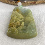 Natural Type A Yellowish Green with Sky Blue Jadeite Shan Shui with Gui Ren Benefactor Pendant 76.29g 67.4 by 43.0 by 12.0mm - Huangs Jadeite and Jewelry Pte Ltd