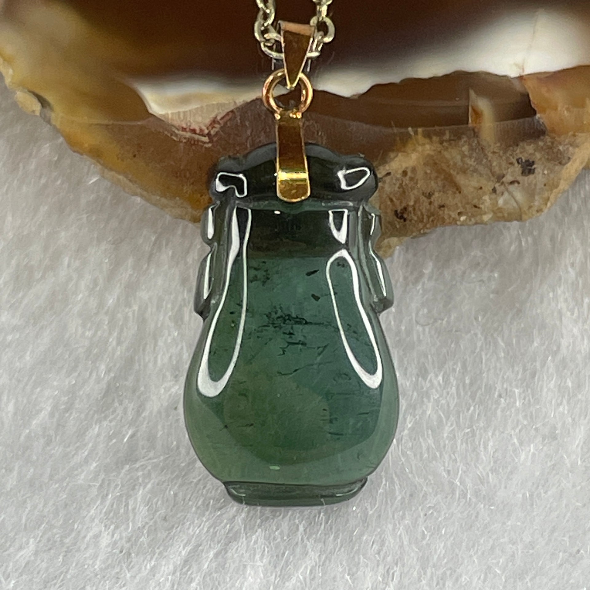 Good Grade Natural Blueish Green Tourmaline Crystal Vase Pendant with 18K Rose Clasp and Gold Color S925 Silver Necklace 2.28g 16.5 by 9.8 by 4.7mm - Huangs Jadeite and Jewelry Pte Ltd