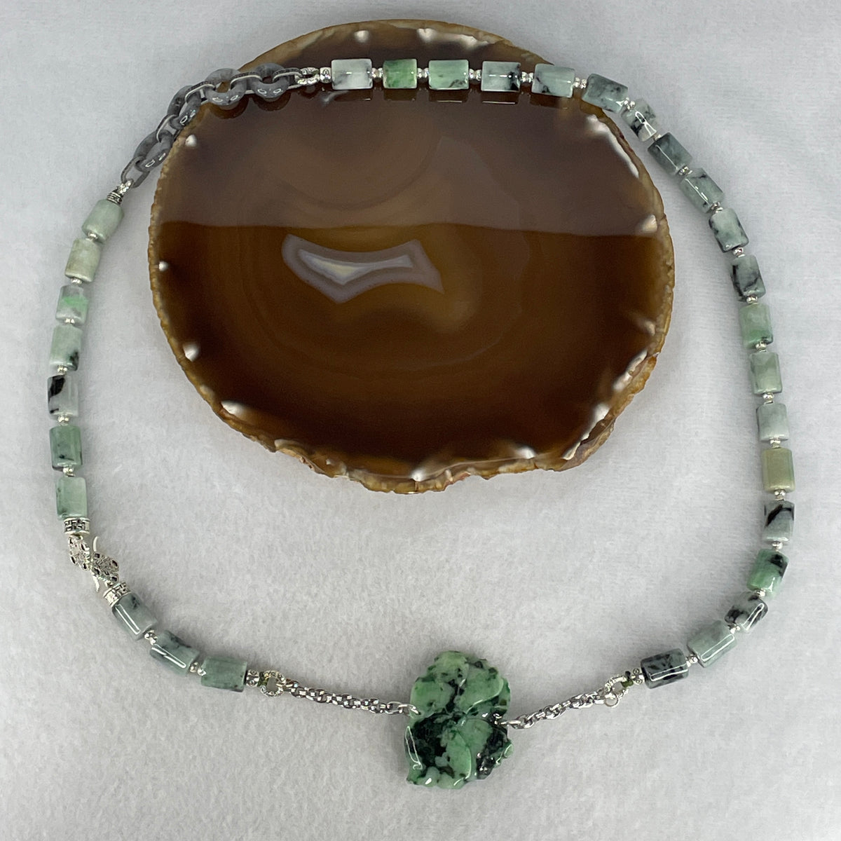 Natural Type A Green & Dark Green Jadeite Lulutong Lotus Flower Ncklace| Adj 48-68cm (118.13g | 33 Lulutong & 39.8x30.8x9.9mm Lotus | Fortune, Purity & Sovereign Protection)