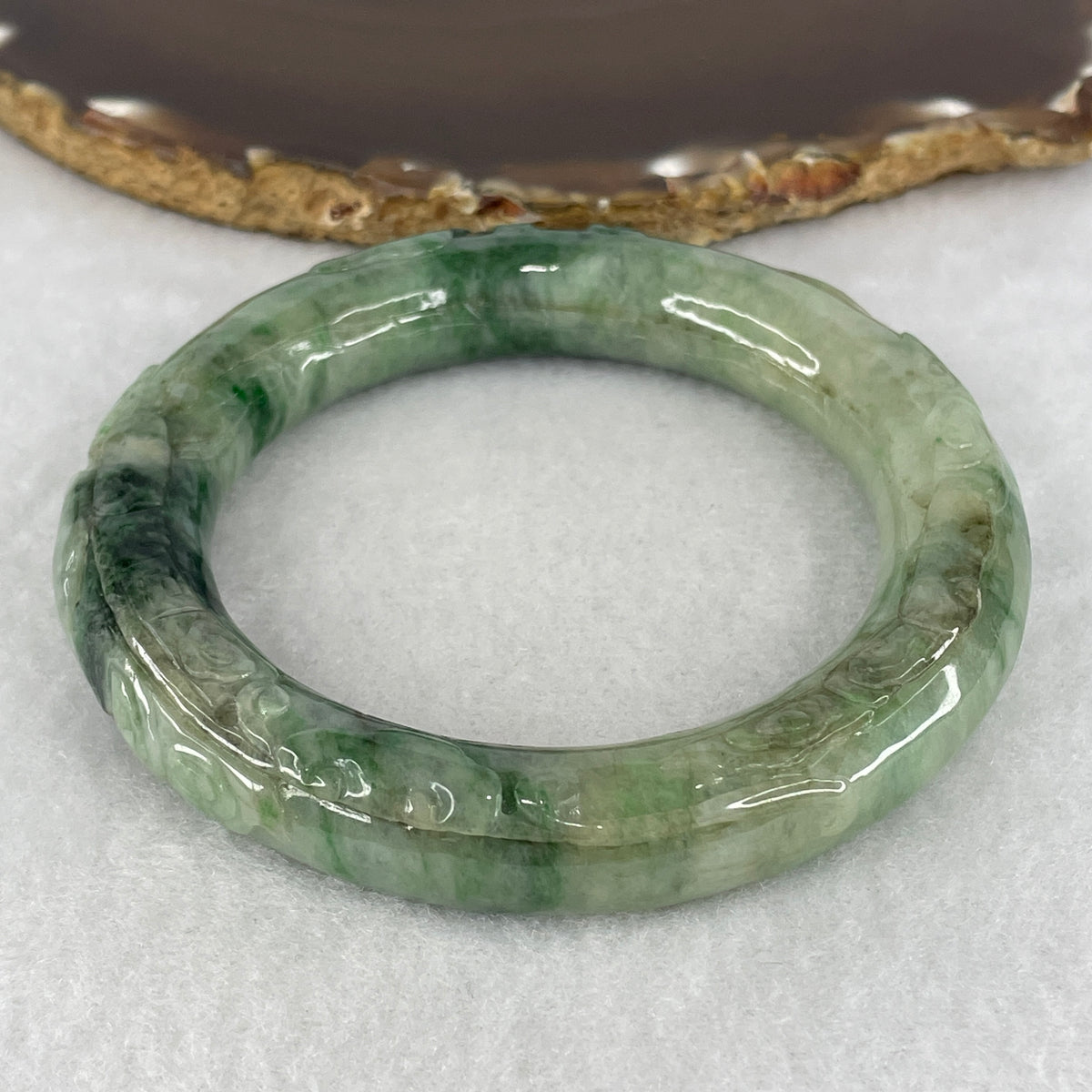 Natural Type A Jadeite Bangle | Full Round Flower Carved Green & Dark Green Piao Hua (77.90g | 58.1mm Inner Diameter | 13.0 x 12.8mm) (External Line)