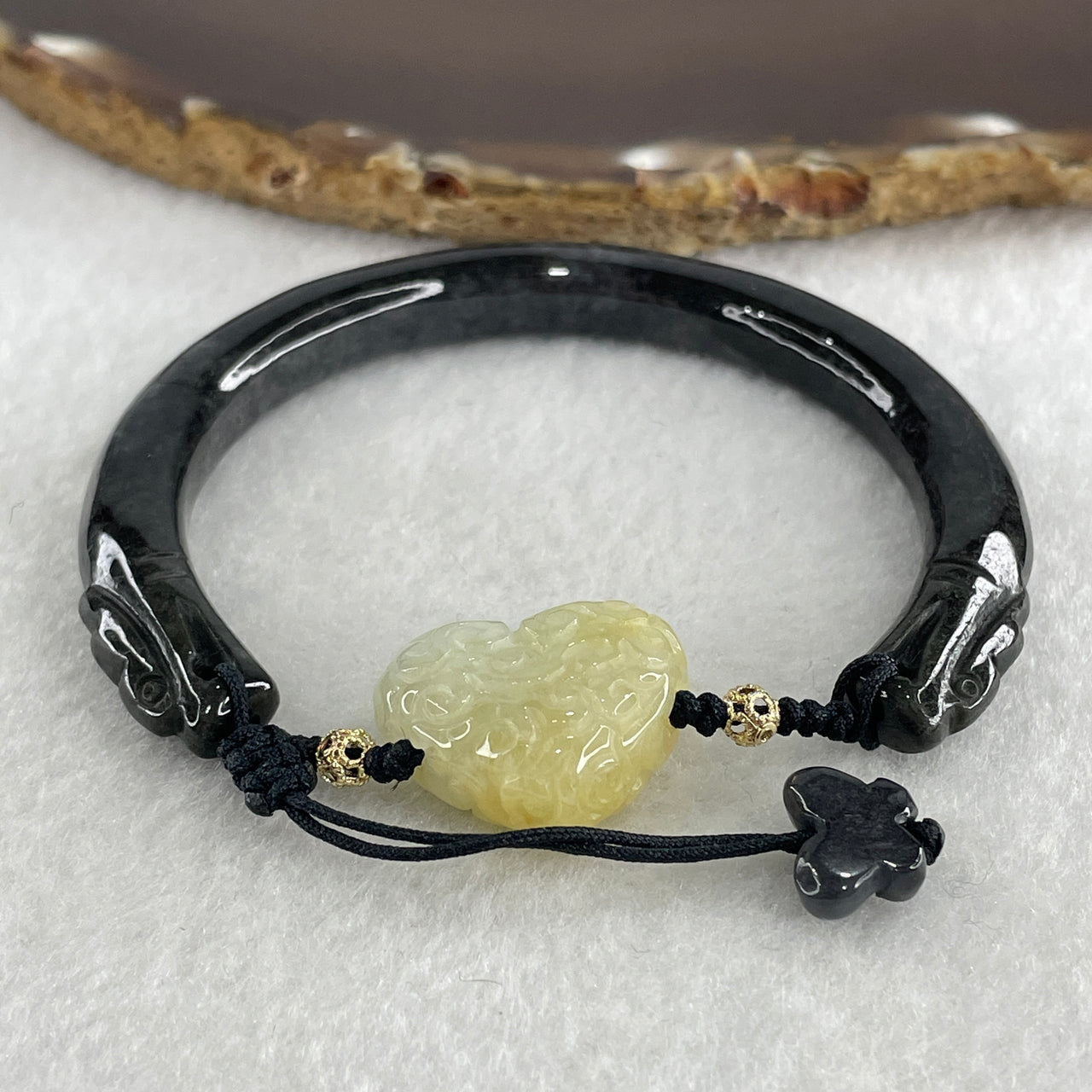 Natural Type A Wuji Grey with Yellowish Jadeite Double Dragon Head with Heart and Butterfly Charm Bracelet 32.23g 17cm 7.9 by 8.2mm - Drago 18.4 by 22.1 by 9.3mm