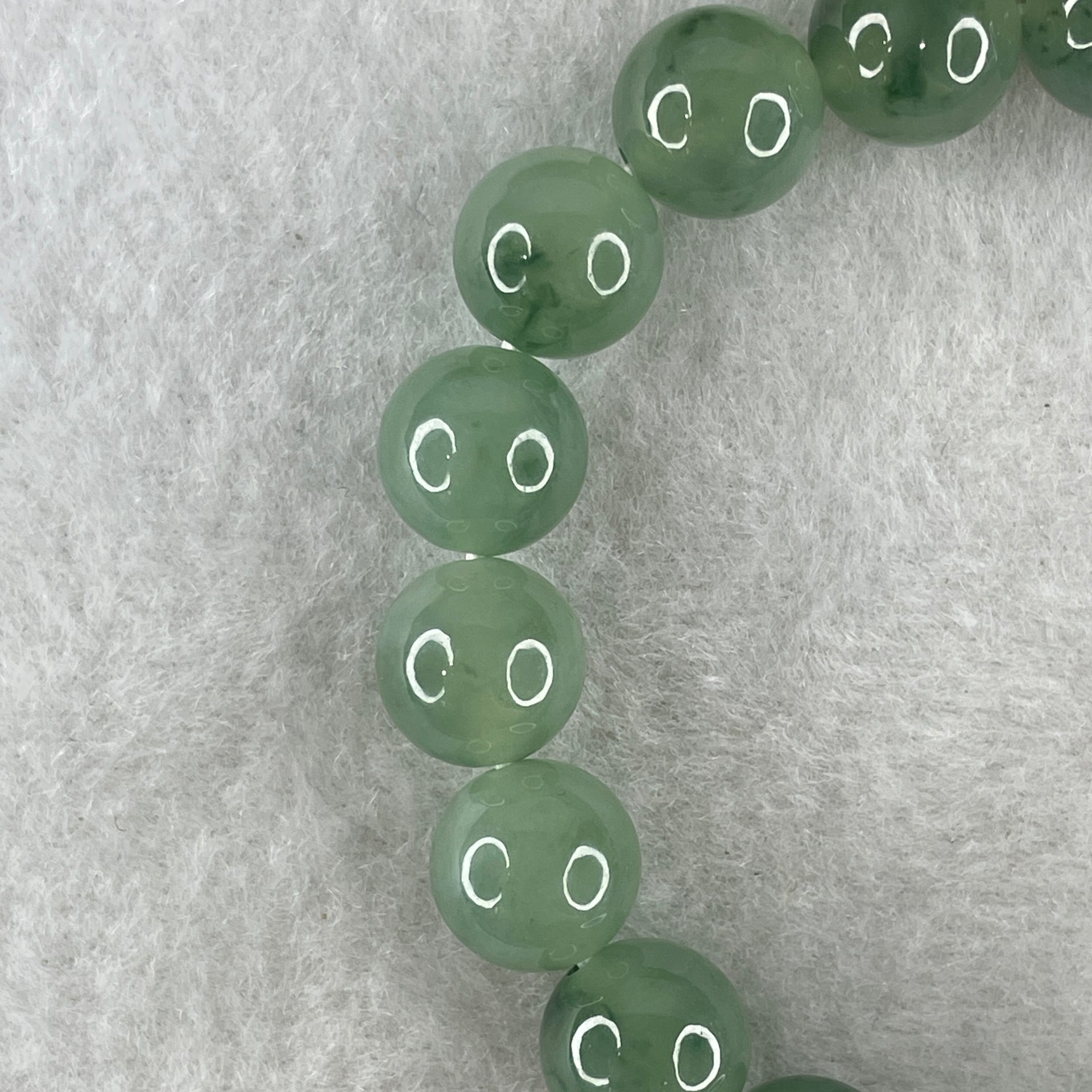 Tye A Natural Jelly Semi Icy Green with Dark Green Piao Hua Jadeite Beads Bracelet 28.75g 14.5cm 9.6mm 19 Beads - Huangs Jadeite and Jewelry Pte Ltd