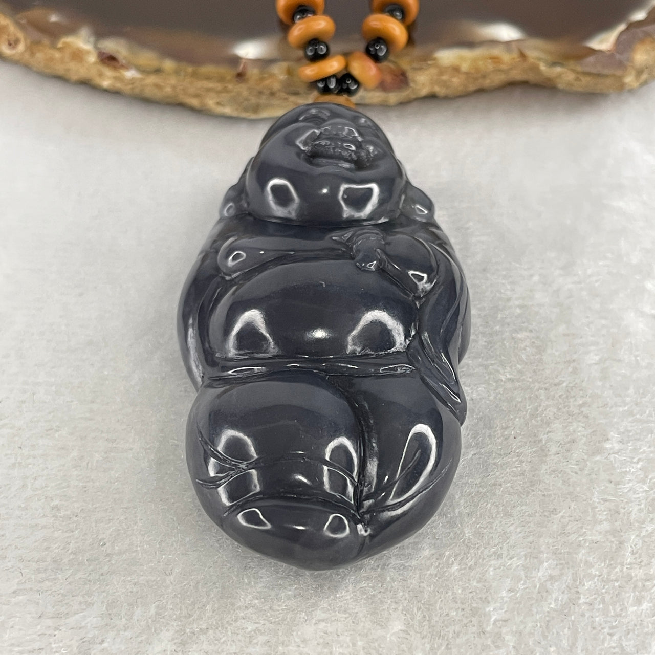 Certified Natural Nephrite Buddha Pendant 60.30g - 62.6x32.4x16.0mm - Purplish Grey Standing Milo Buddha Handplay - Grade A Untreated Nephrite