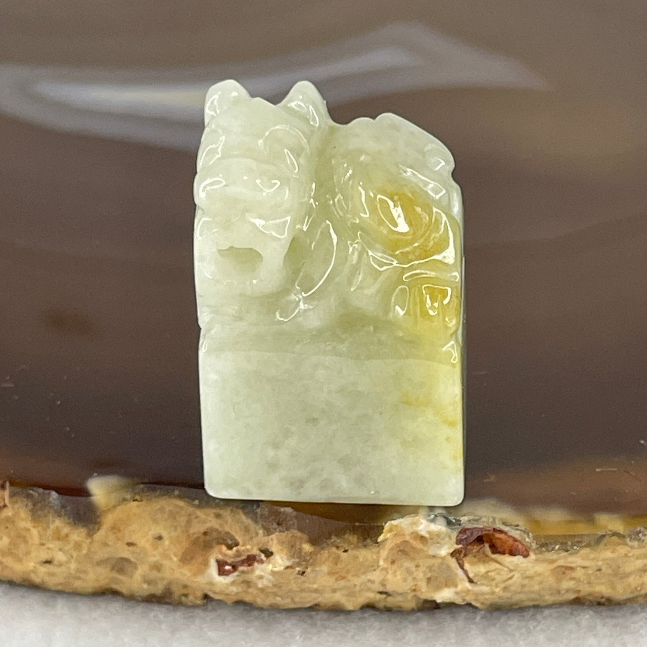 Certified Natural Type A Green with Yellow Patches Jadeite Mini Tower Pixiu Seal Display 16.87g 25.4 by 17.5 by 14.3mm