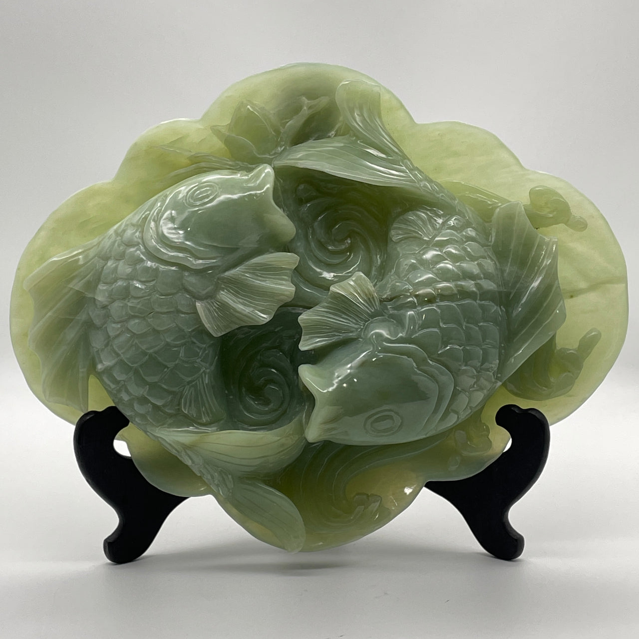 Natural Green Serpentine Double Carp Fish Plate with Wooden Stand Display 4,275.6g 320.0 by 100.0 by 260.0mm