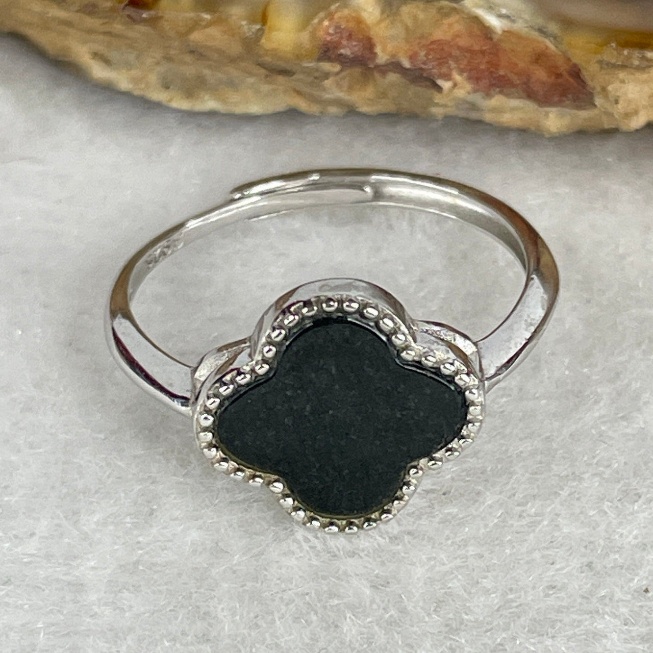 Type A Fully Translucent Black Omphacite Jadeite "Lucky Four-Leaf" Ring | Solid S925 Sterling Silver Setting | Adjustable Sizing | Imperial "Ink-to-Emerald" Serendipity Ring (1.70g 8.6x1.5mm)