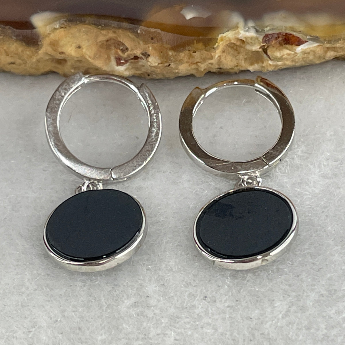 Certified Type A Black Omphacite Jadeite Round Dangling Earrings in S925 Silver | (2.42g Total Weight | 9.6x1.2mm | S925 Silver | Synergy, Negative Energy Shield, Fluid Grace & Wealth Retention)