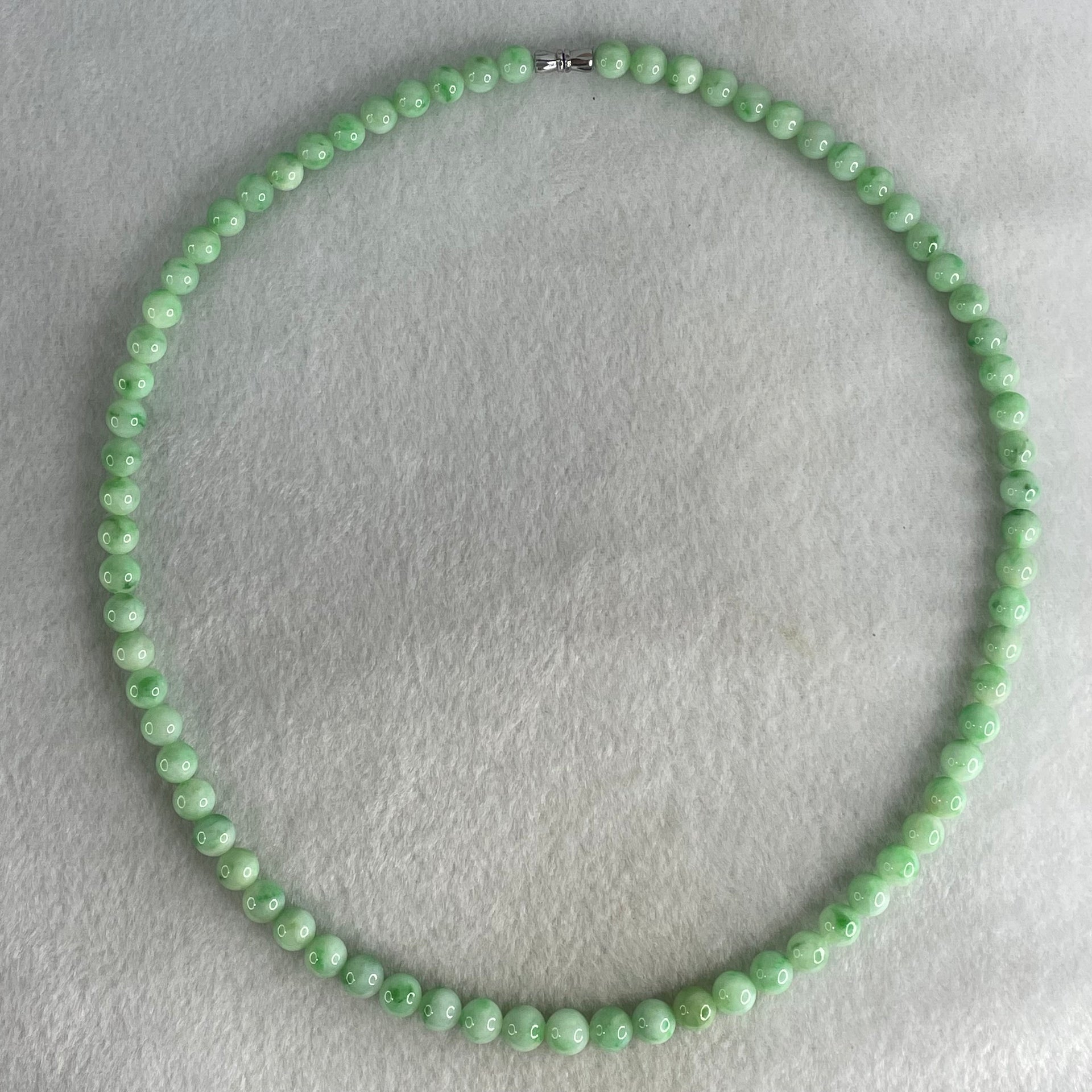 Good Grade Type A Apple Green with Emerald Green Piao Hua Jadeite Beads Necklace 55.48g 54cm 7.1 to 8.2mm 73 Beads - Huangs Jadeite and Jewelry Pte Ltd