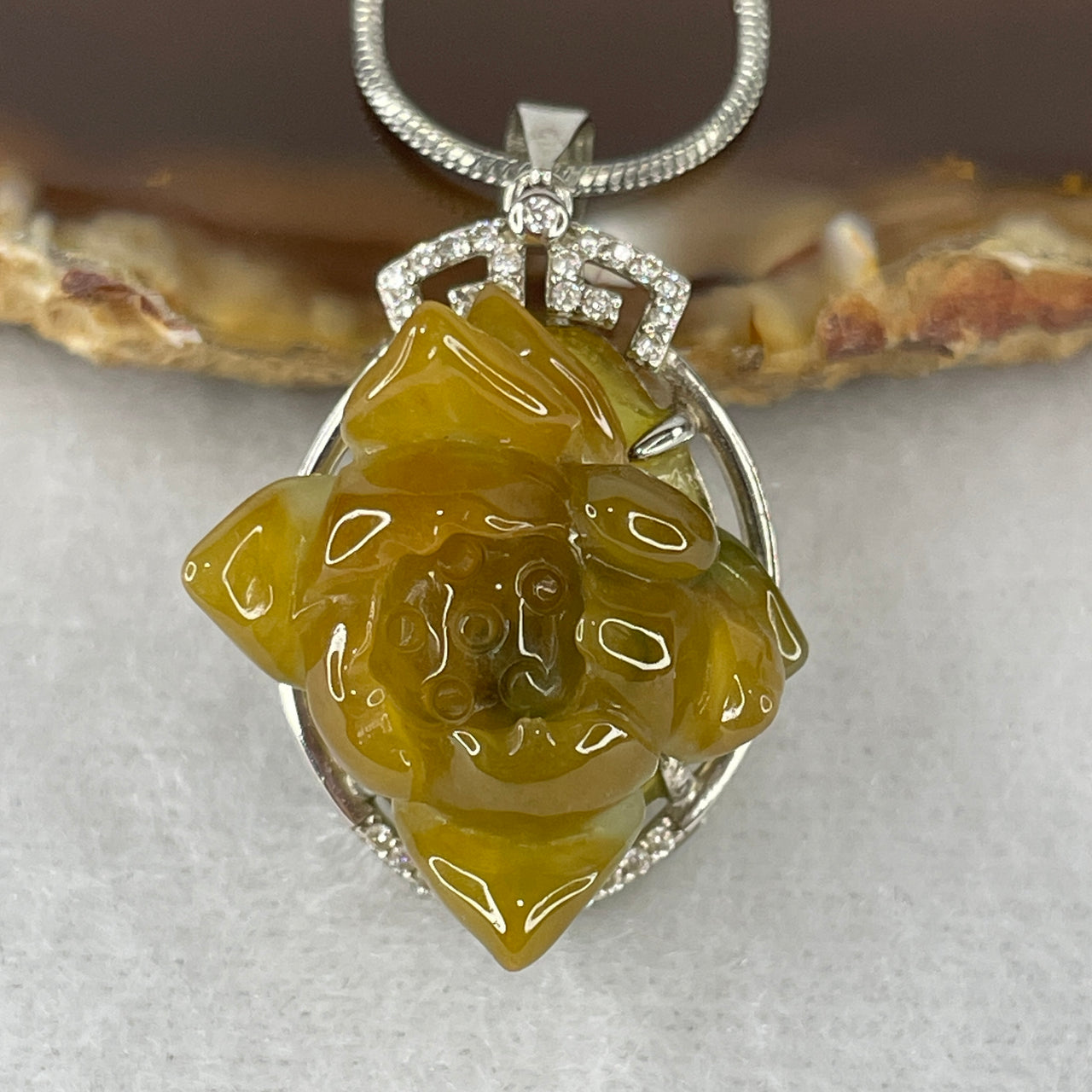 Certified Natural Type A Yellowish & Green Jadeite Lotus Flower Pendant | Premium S925 Sterling Silver Setting | Authentic Myanmar Feicui Three-Dimensional Purity & Wealth Amulet (8.56g | 21.3x19.8x10.0mm)