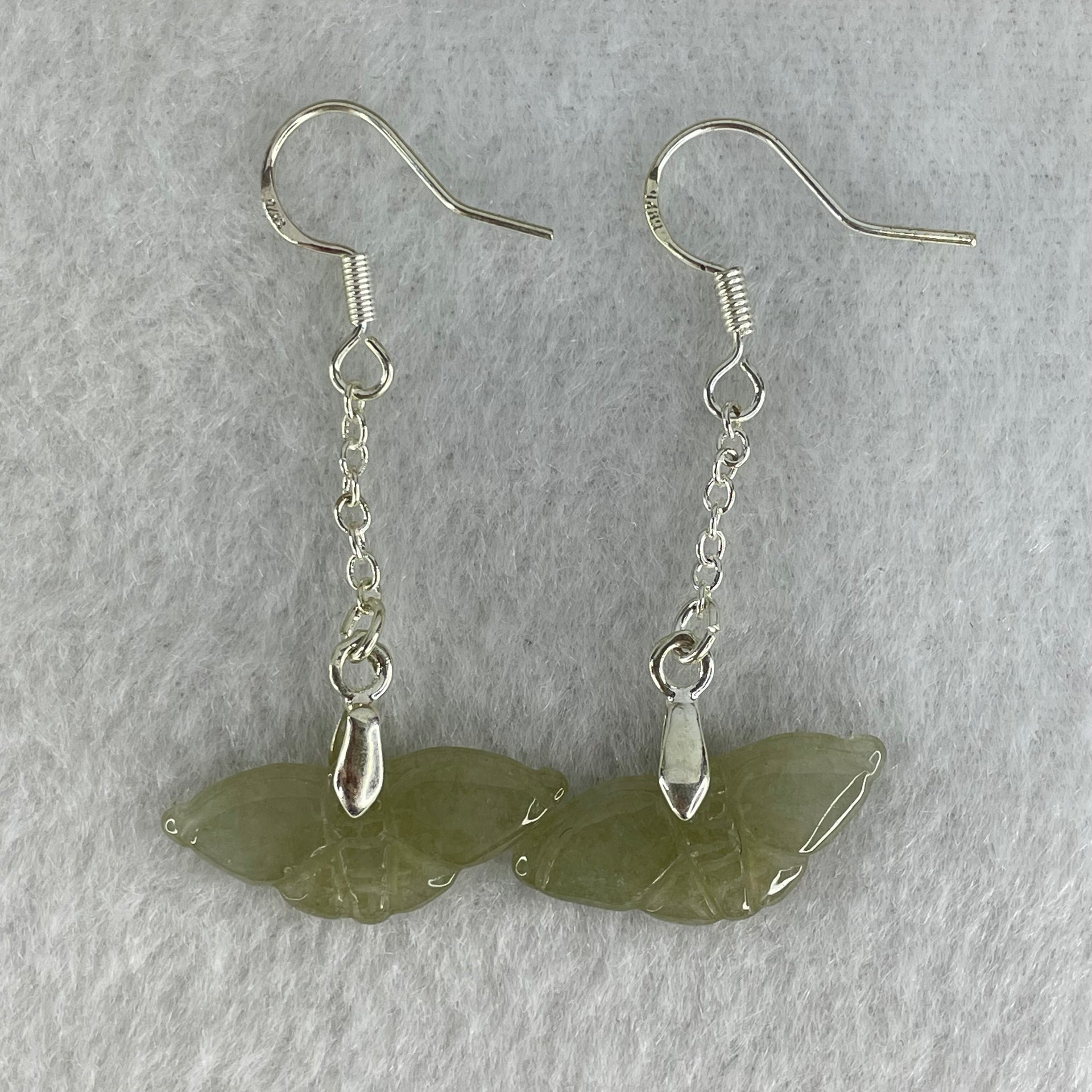Type A Icy Brownish Green Jadeite Butterfly in S925 Sliver Earrings 2.43g 22.7 by 9.7 by 2.1mm - Huangs Jadeite and Jewelry Pte Ltd