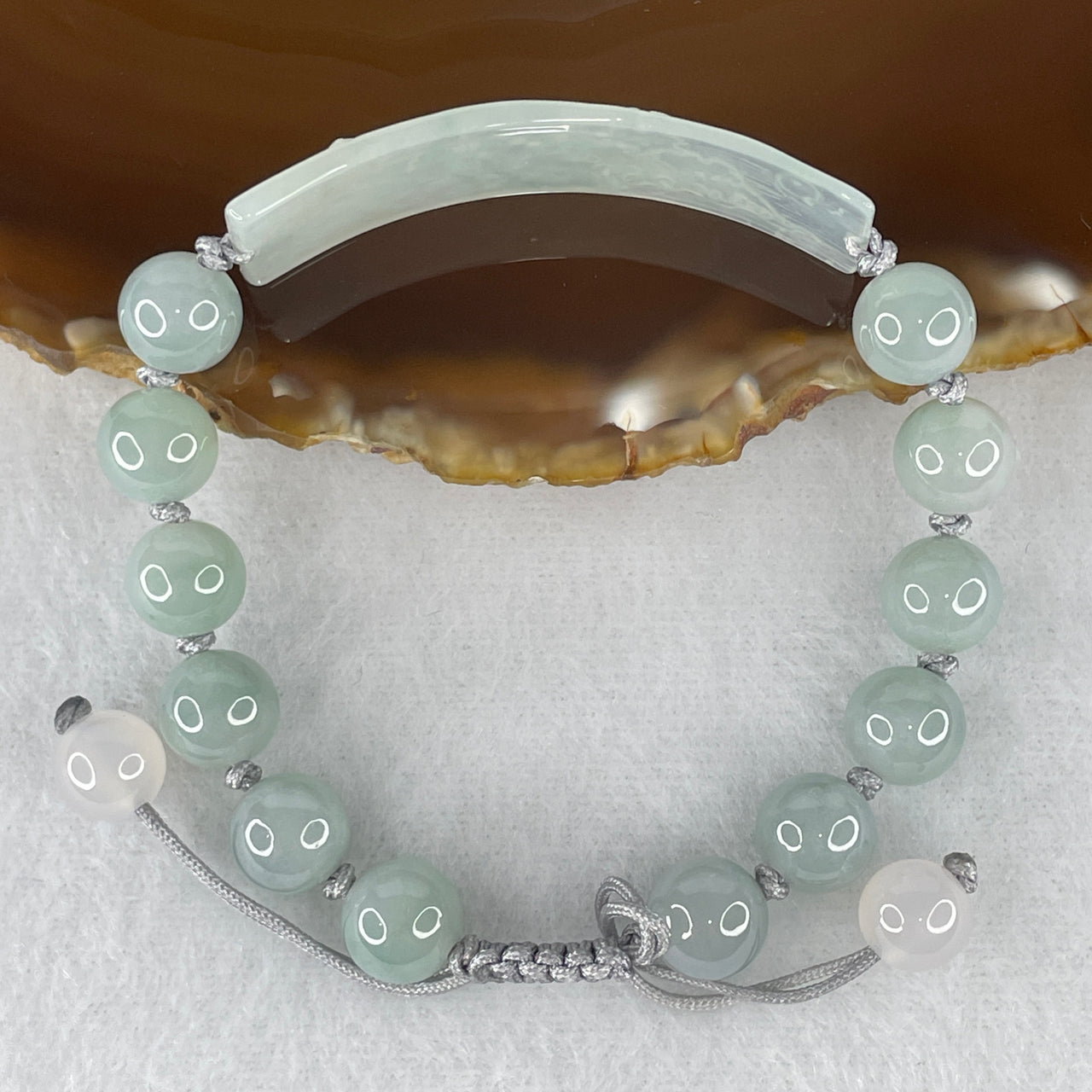Natural Type A Light Blueish Green Jadeite Bracelet | 9mm Round Beads with Carved Shan Shui Gui Ren Benefactor 46.5x13.2x2.5mm Amulet Adjustable String Bracelet (20.47g 16-20cm)