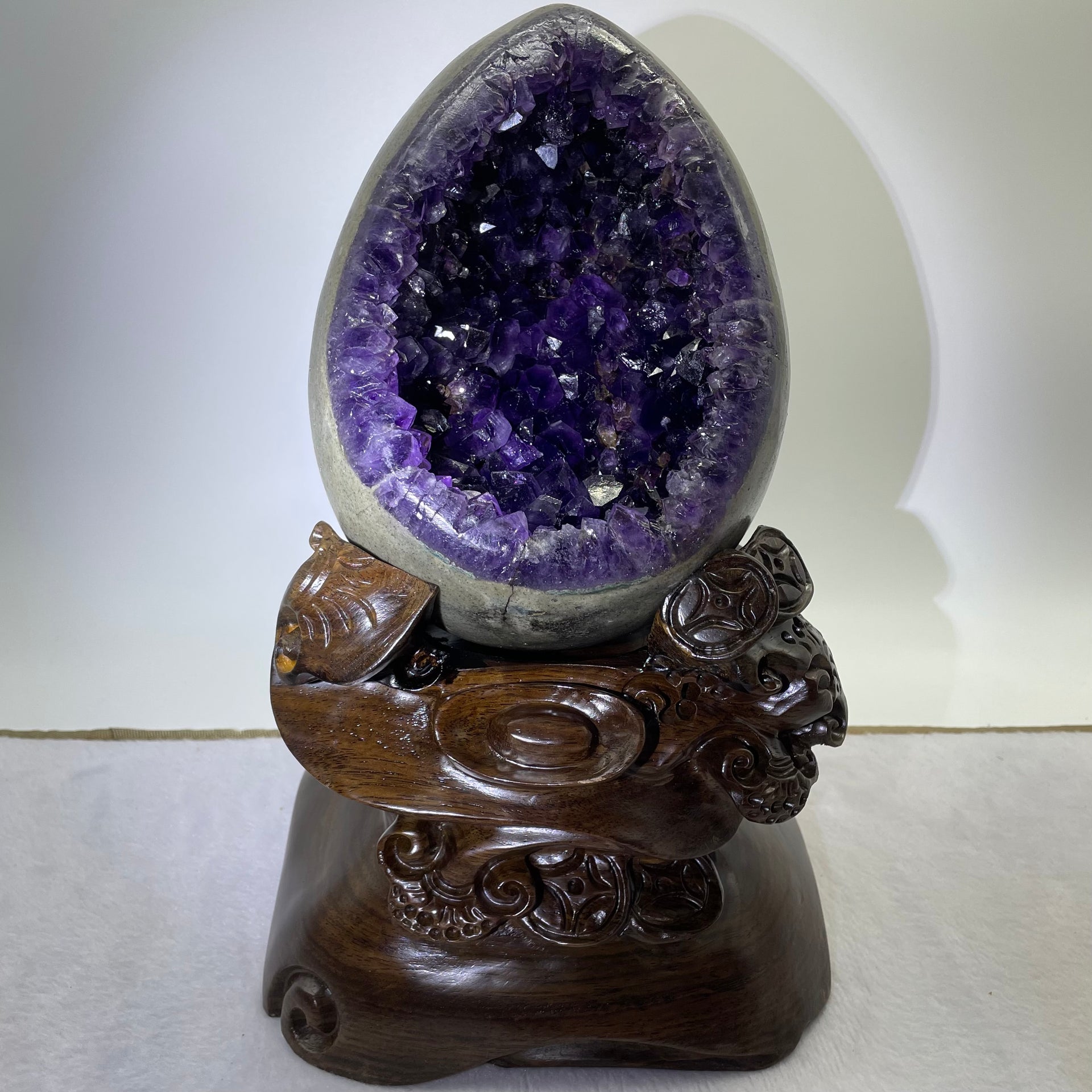 Natural Deep Purple Amethyst Egg with Wooden Stand Display 5,913.4g 170.0 by 165.0 by 270.0mm - Huangs Jadeite and Jewelry Pte Ltd
