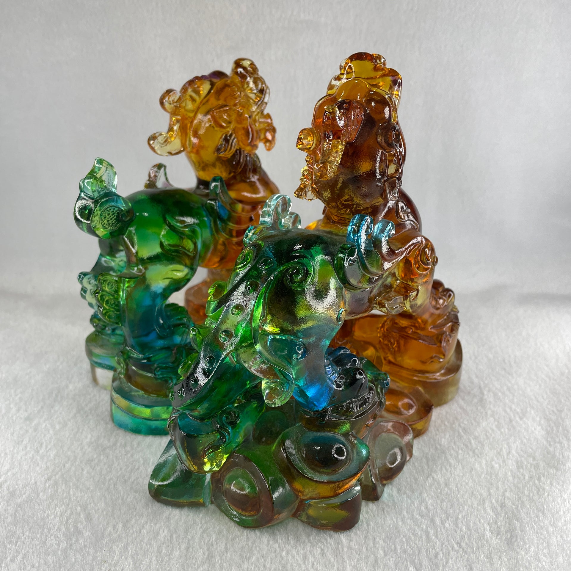 Liuli Pixiu with Treasures Pair Display 1,690.6g 155.0 by 80.0 by 160.0mm, 1,628.6g 151.0 by 87.0 by 158.0mm - Huangs Jadeite and Jewelry Pte Ltd