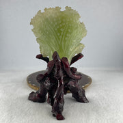 Natural Light Green Serpentine Cabbage Display with Wooden Stand 450.66g 114.5 by 90.0 by 175.0mm - Huangs Jadeite and Jewelry Pte Ltd