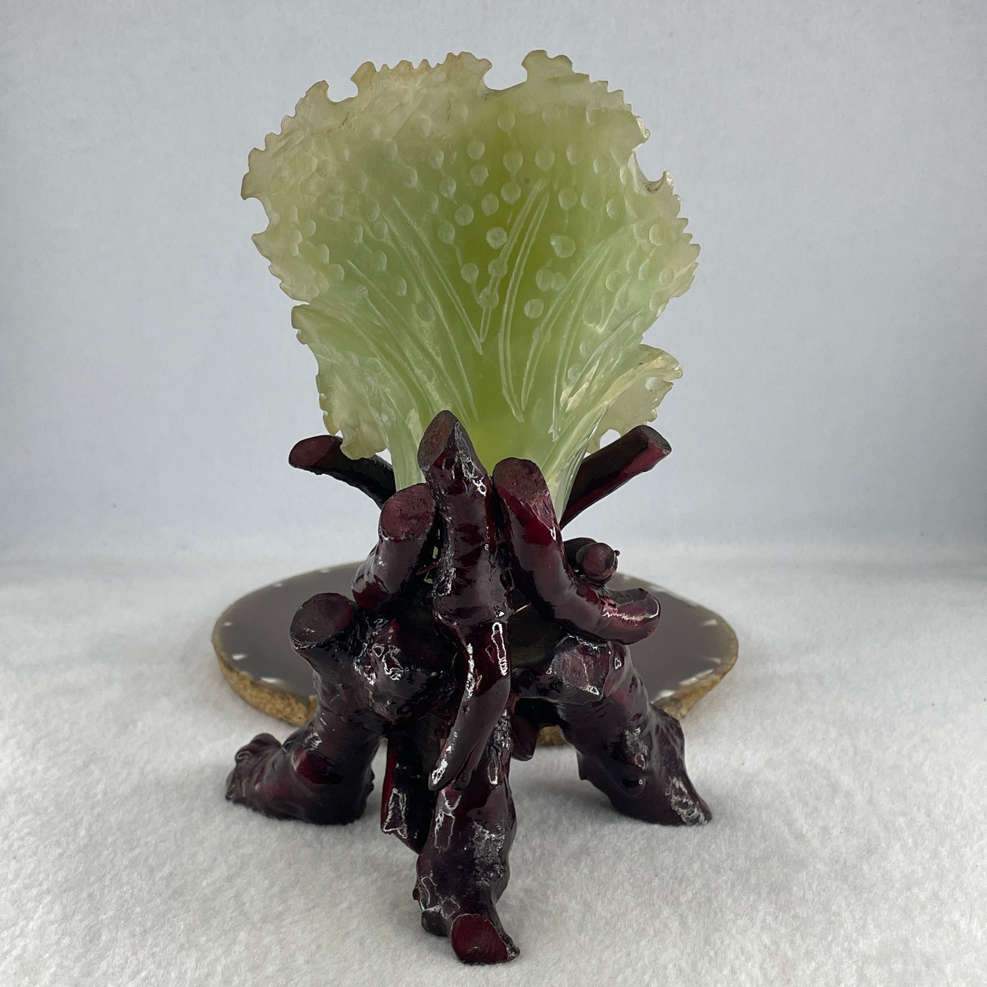 Natural Light Green Serpentine Cabbage Display with Wooden Stand 450.66g 114.5 by 90.0 by 175.0mm - Huangs Jadeite and Jewelry Pte Ltd