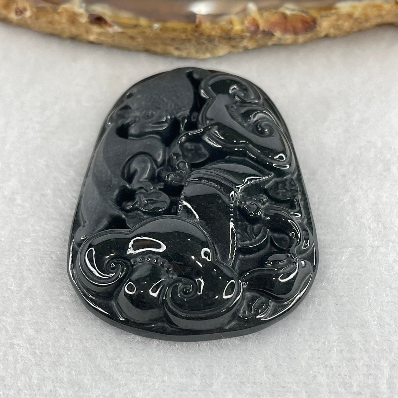 Certified Type A Opaque Black Omphacite Jadeite Bat with Ruyi Pendant | 55.3mm Natural Black Jade Fortune & Wishes Granted Talisman (25.90g | 55.3 x 36.7 x 8.6mm)