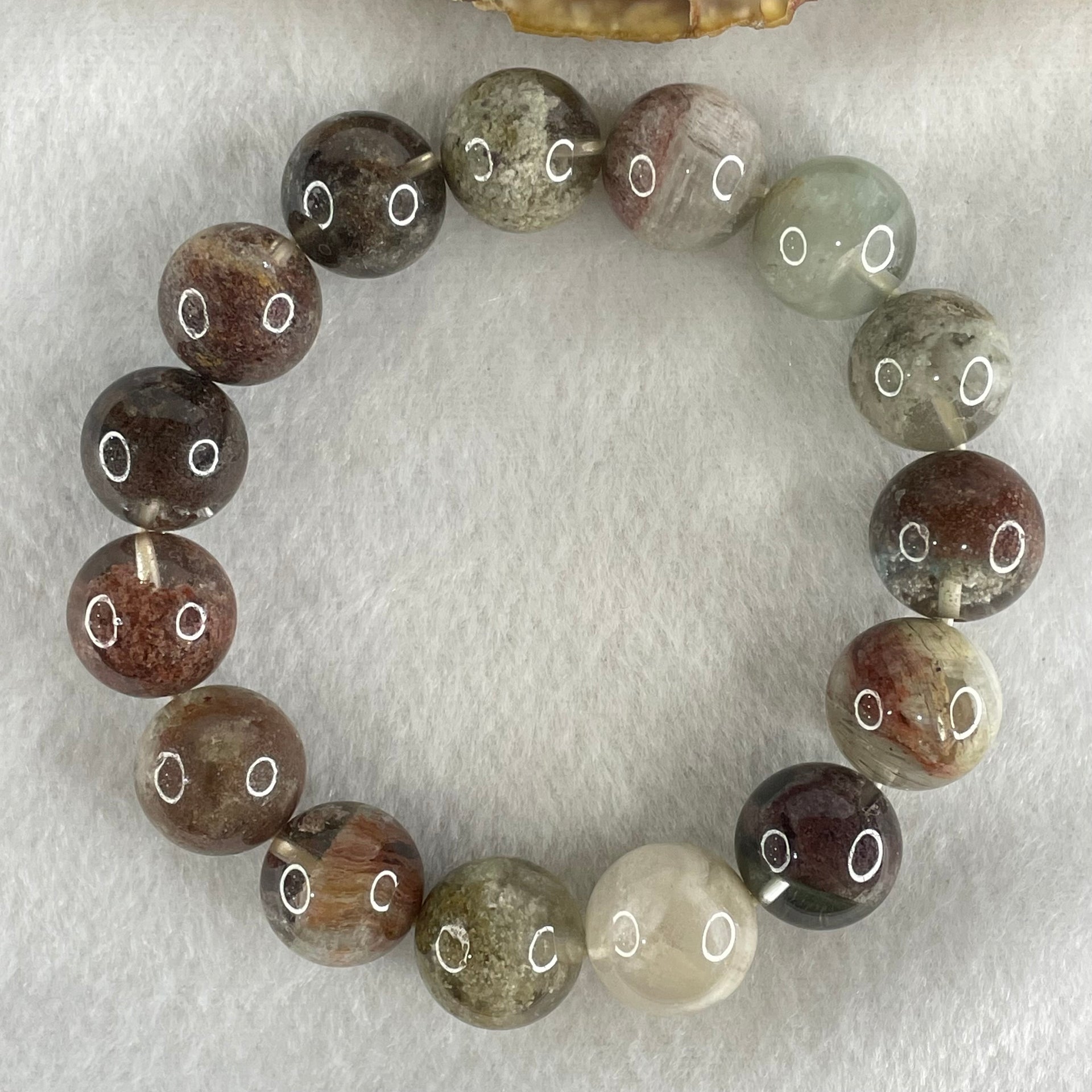 Above Average Grade Natural Red White Green Phantom Quartz Beads Bracelet 60.35g 17cm 14.8mm 15 Beads - Huangs Jadeite and Jewelry Pte Ltd