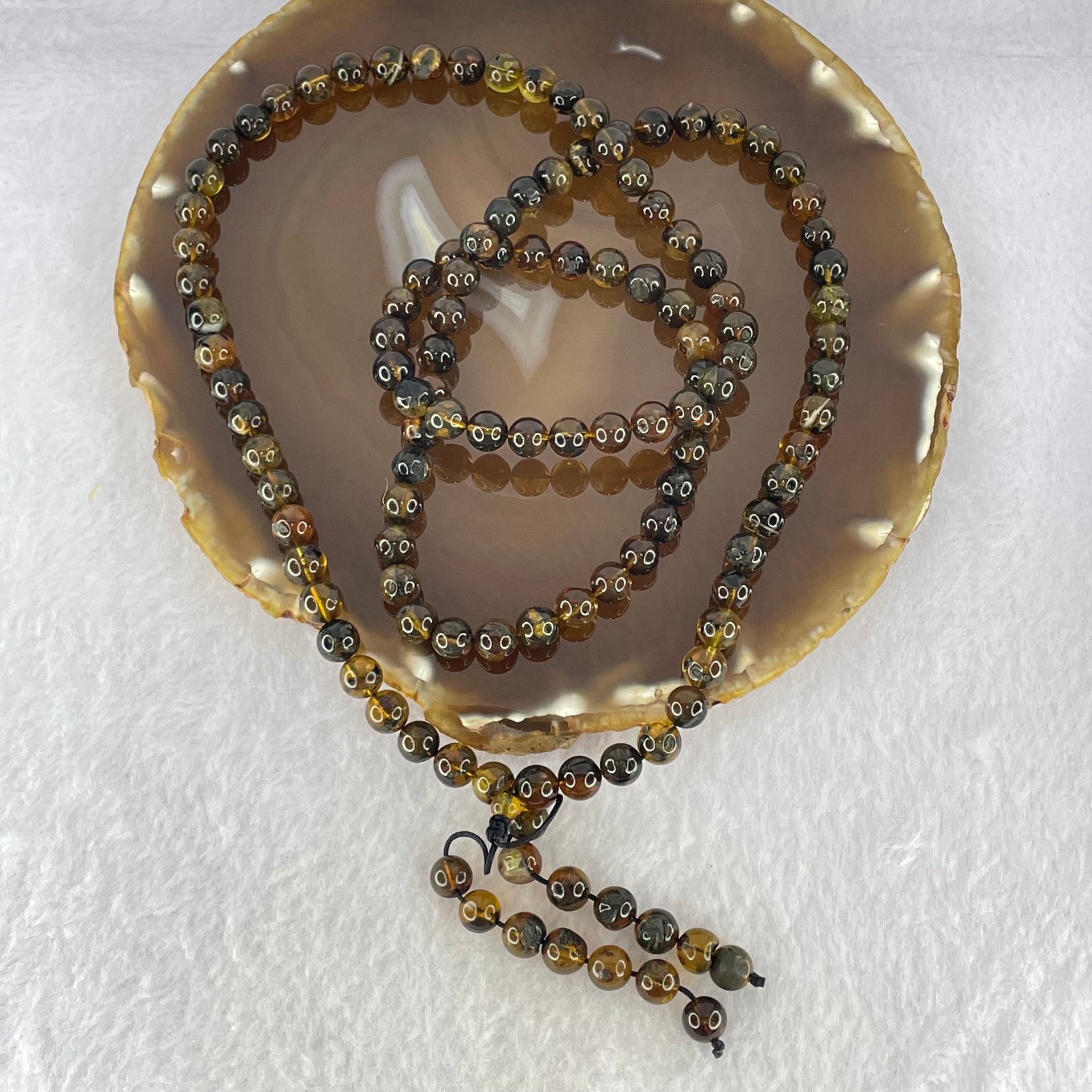 Natural Brownish Yellow Flower Medicine Amber Beads Necklace 26.96g 78cm 7.3mm - Huangs Jadeite and Jewelry Pte Ltd